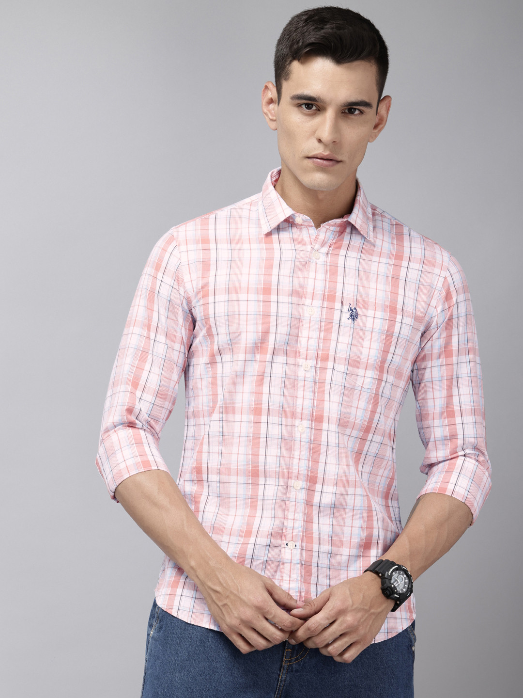 U.S. Polo Assn. Pure Cotton Checked Seersucker Tailored Fit Casual Shirt