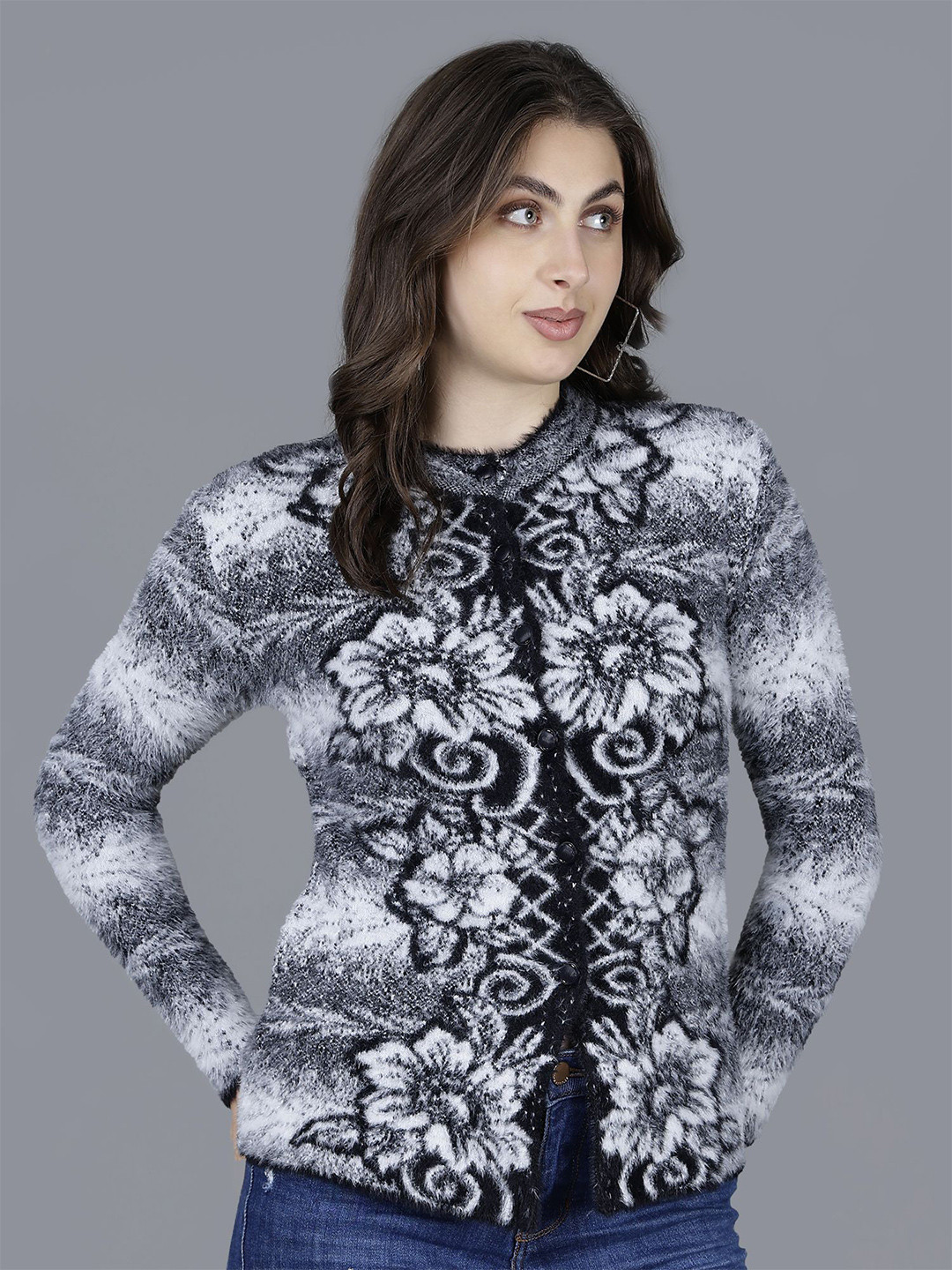 Chatanya Women Round Neck Self Design Button Detail Woollen Cardigan Sweaters
