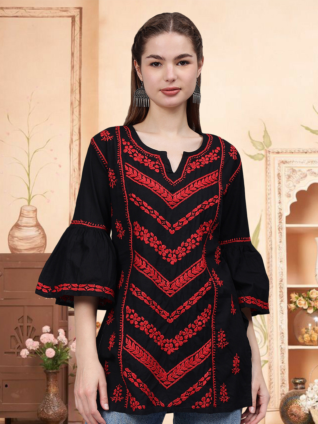 Seva Chikan Floral Embroidered V-Neck Flared Sleeves Chikankari Chikankari Kurti