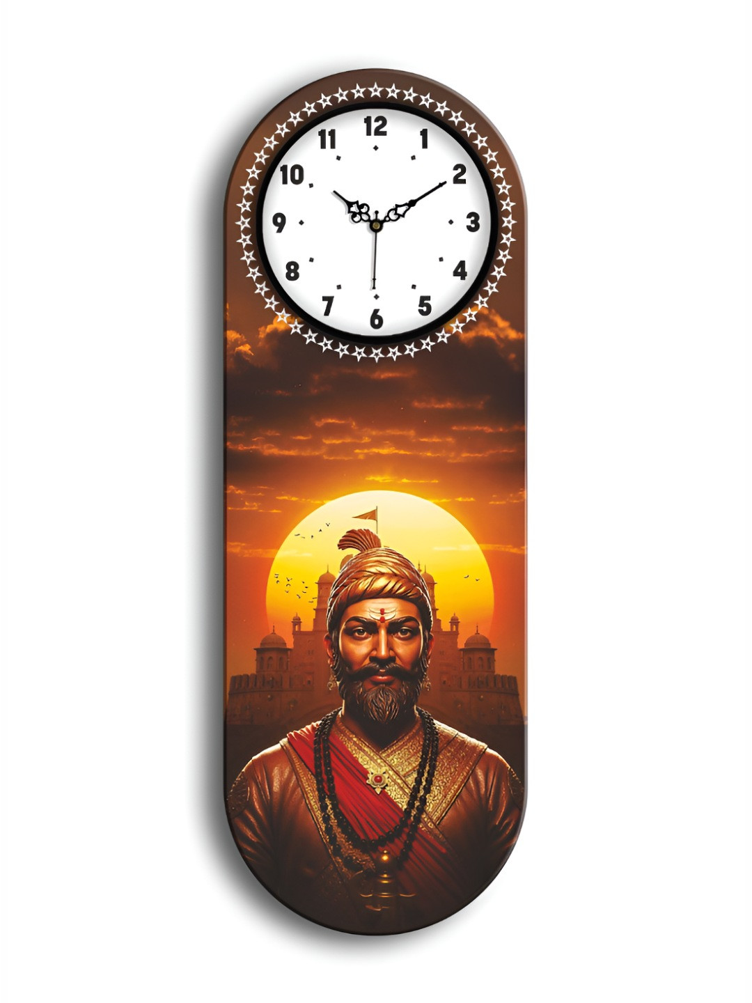 OLIVE TREE Brown & Yellow Shivaji Maharaj Printed Wooden Rectangle Shaped Wall Clock
