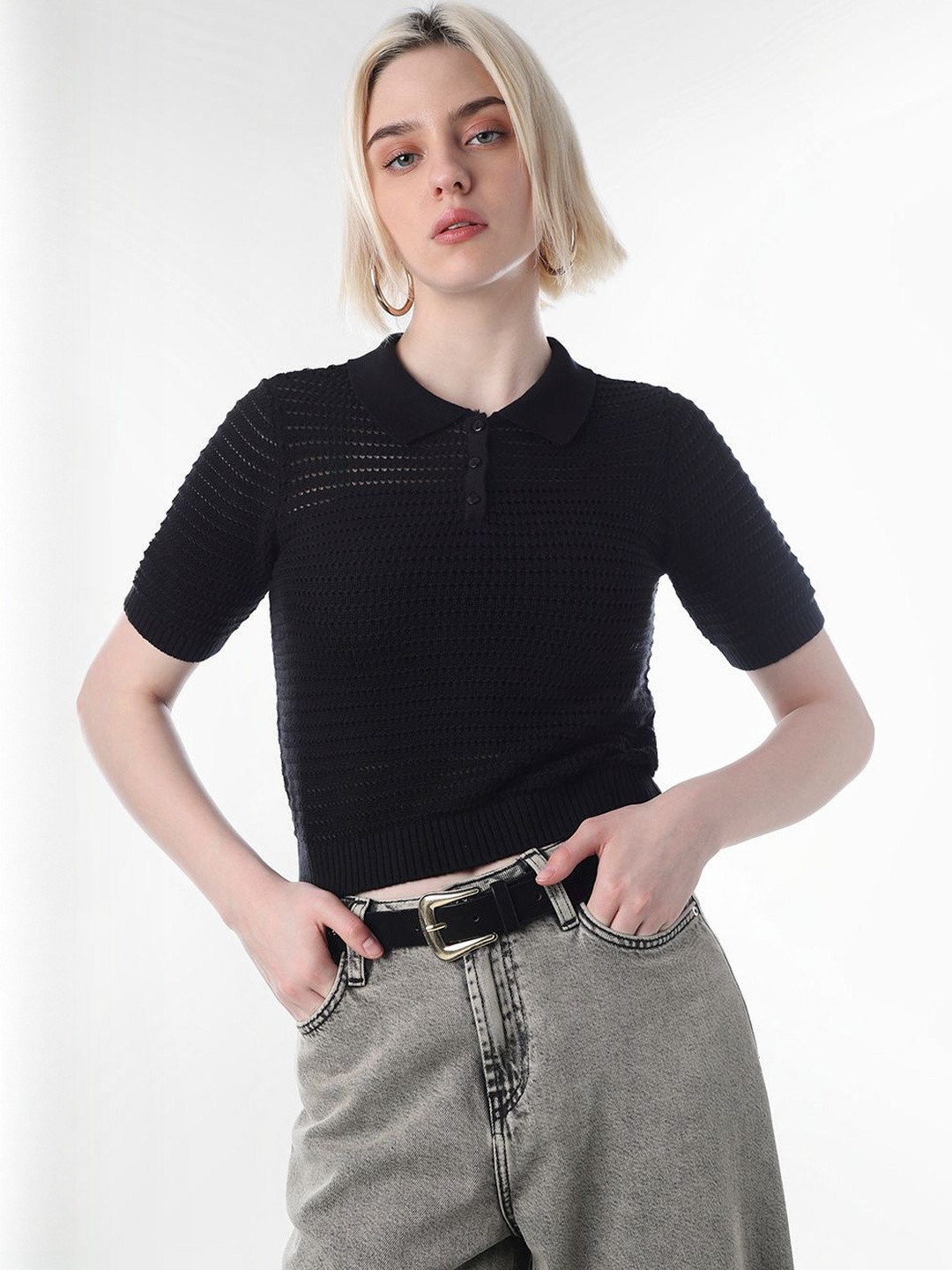ONLY Women Self Design Polo Collar Pure Cotton T-shirt