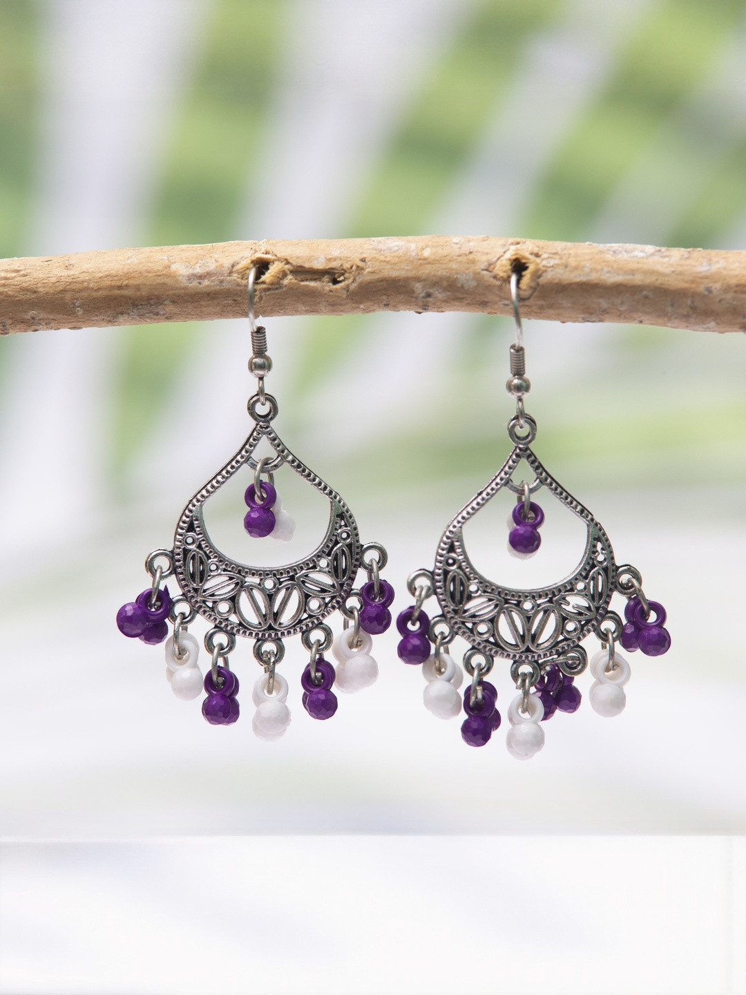 Creative Frogs Silver-Plated Oxidized Purple & White Beads Chandbali Earrings