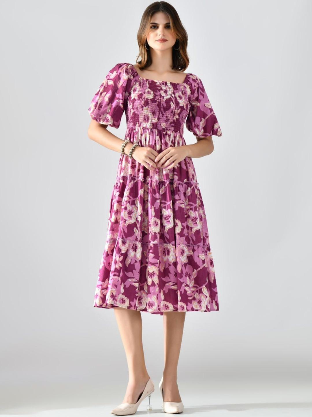 Moda Rapido Women Pink Floral Print Square Neck Smocked Polyester Fit & Flare Dress