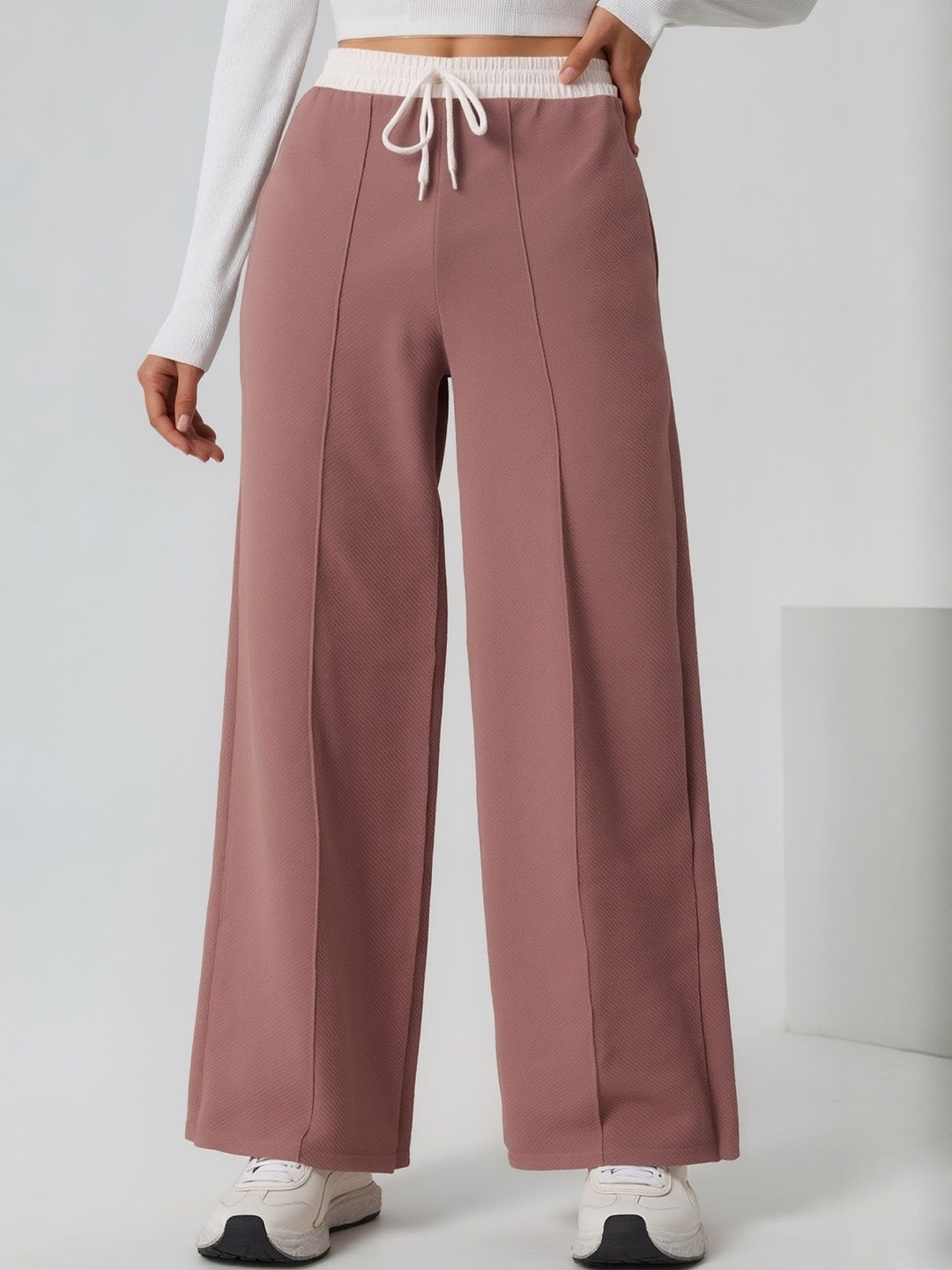 HERE&NOW Women Chocolate Colored Solid Flared High-Rise Trousers