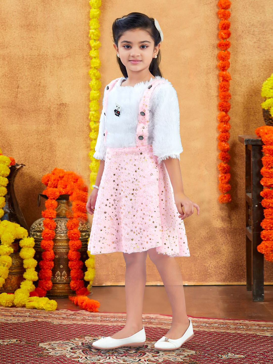 BAESD Girls Embellished Gathered Round Neck Pure Wool Fit & Flare Dress