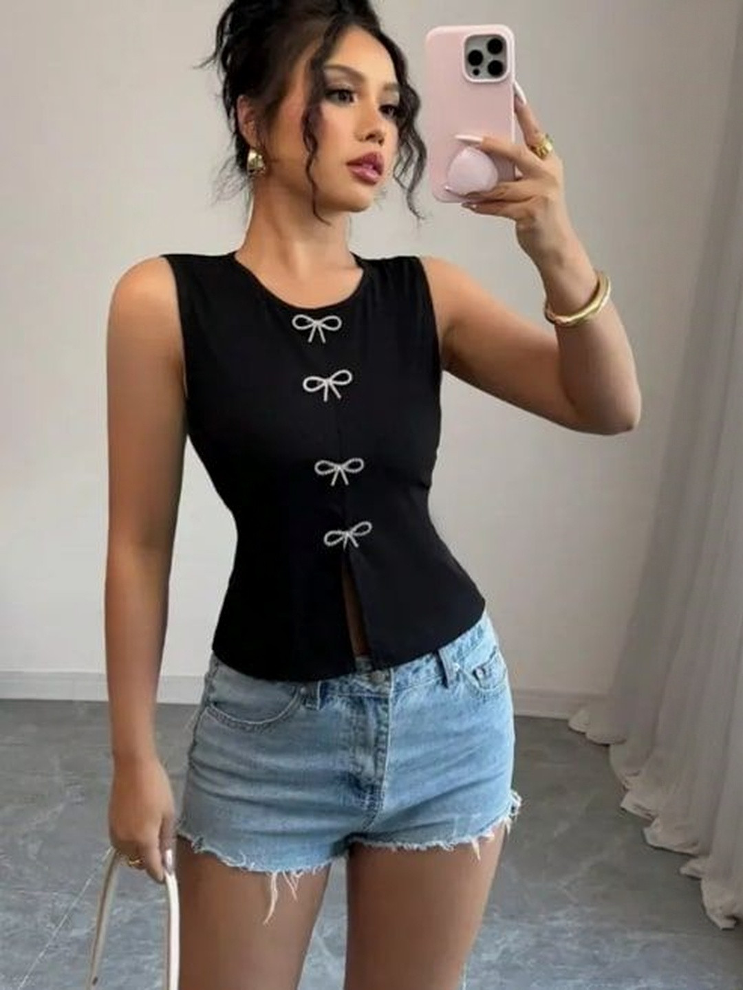 Pookiie Women Black Ribbed Scuba Top with Bow Detail