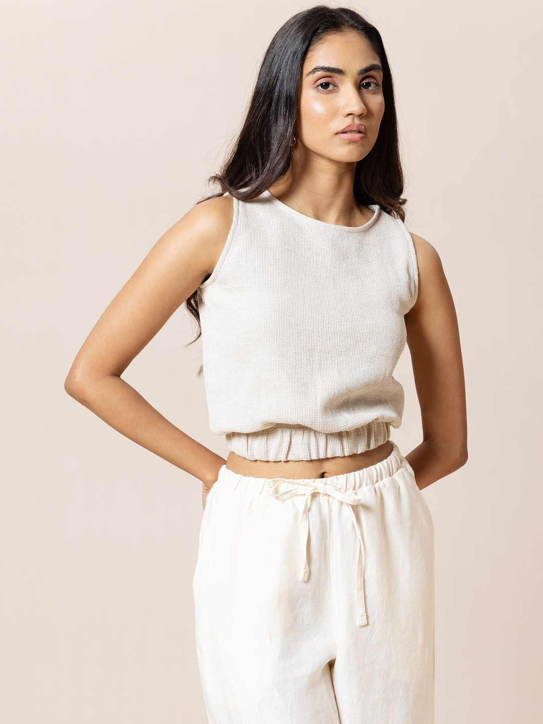 LOVE PANGOLIN Women's Hemp Blouson Ribbed Crop Top