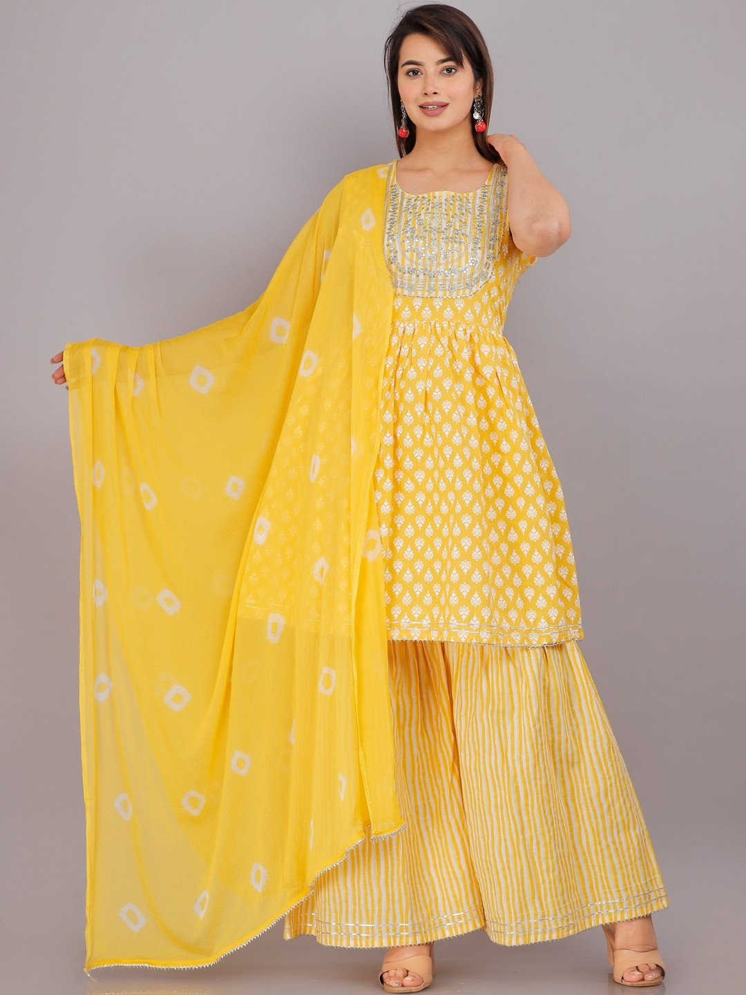 Jyoti Women Ethnic Motifs Printed Tiered Sequinned Pure Cotton Kurta with Sharara & With Dupatta