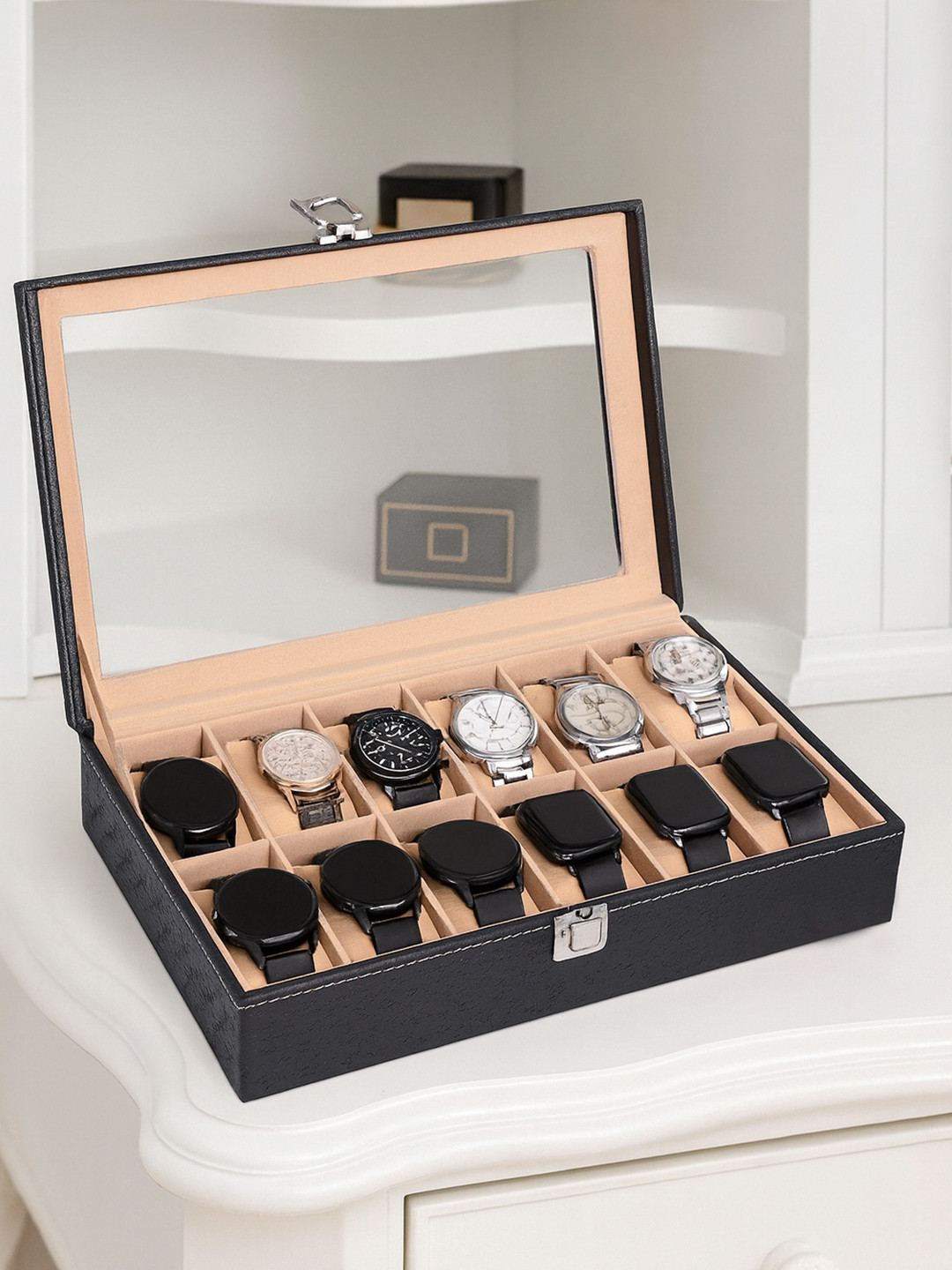 Kuber Industries Men 12 Slots Black Premium Faux Leather Wrist Watch Organizer Box