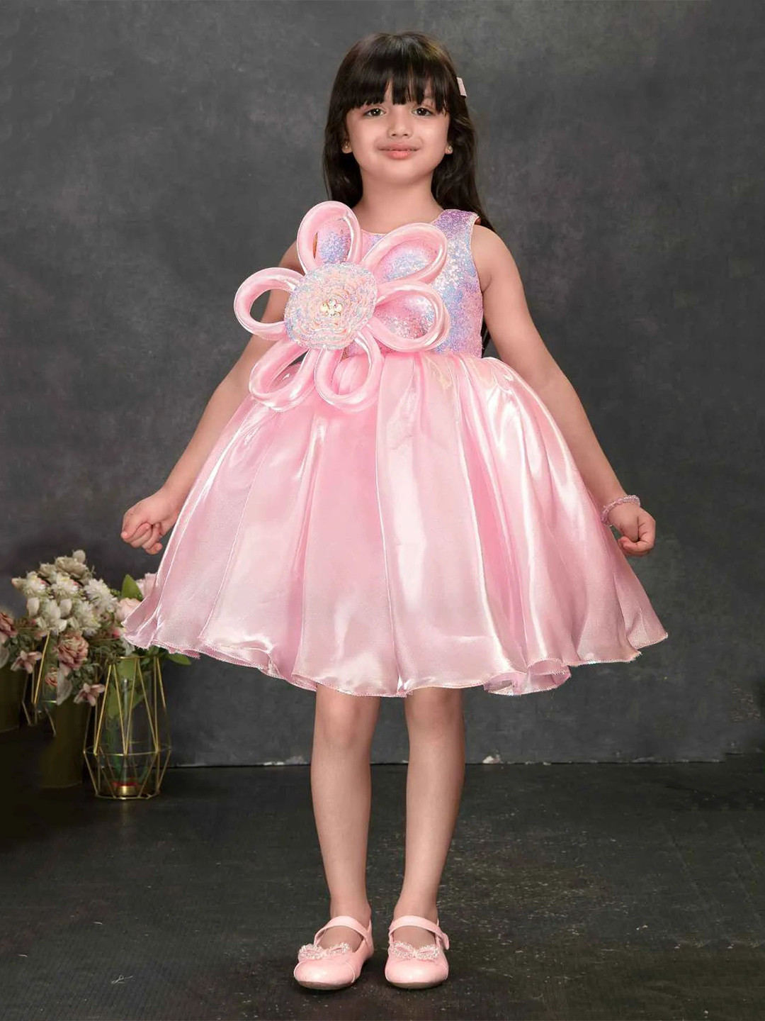 Lagorii Girls Flower Applique Satin Fit & Flare Dress