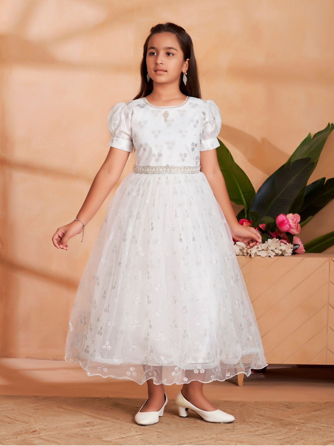 BAESD Girl's White Glitter Puff Sleeve Net Maxi Dress