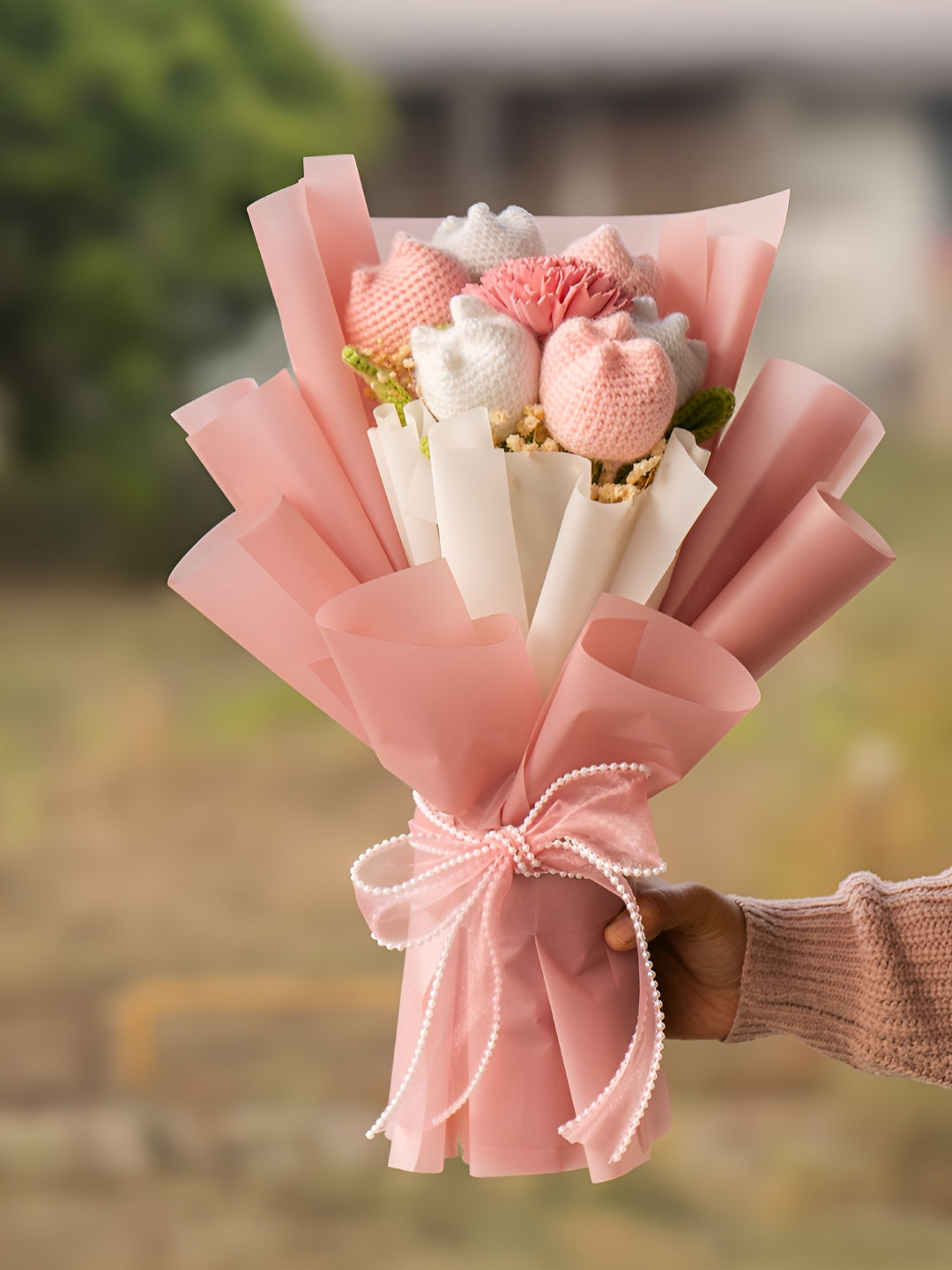 The Zappy Box White and Pink 7 Pieces Crochet Flower Bouquet Artificial Flowers