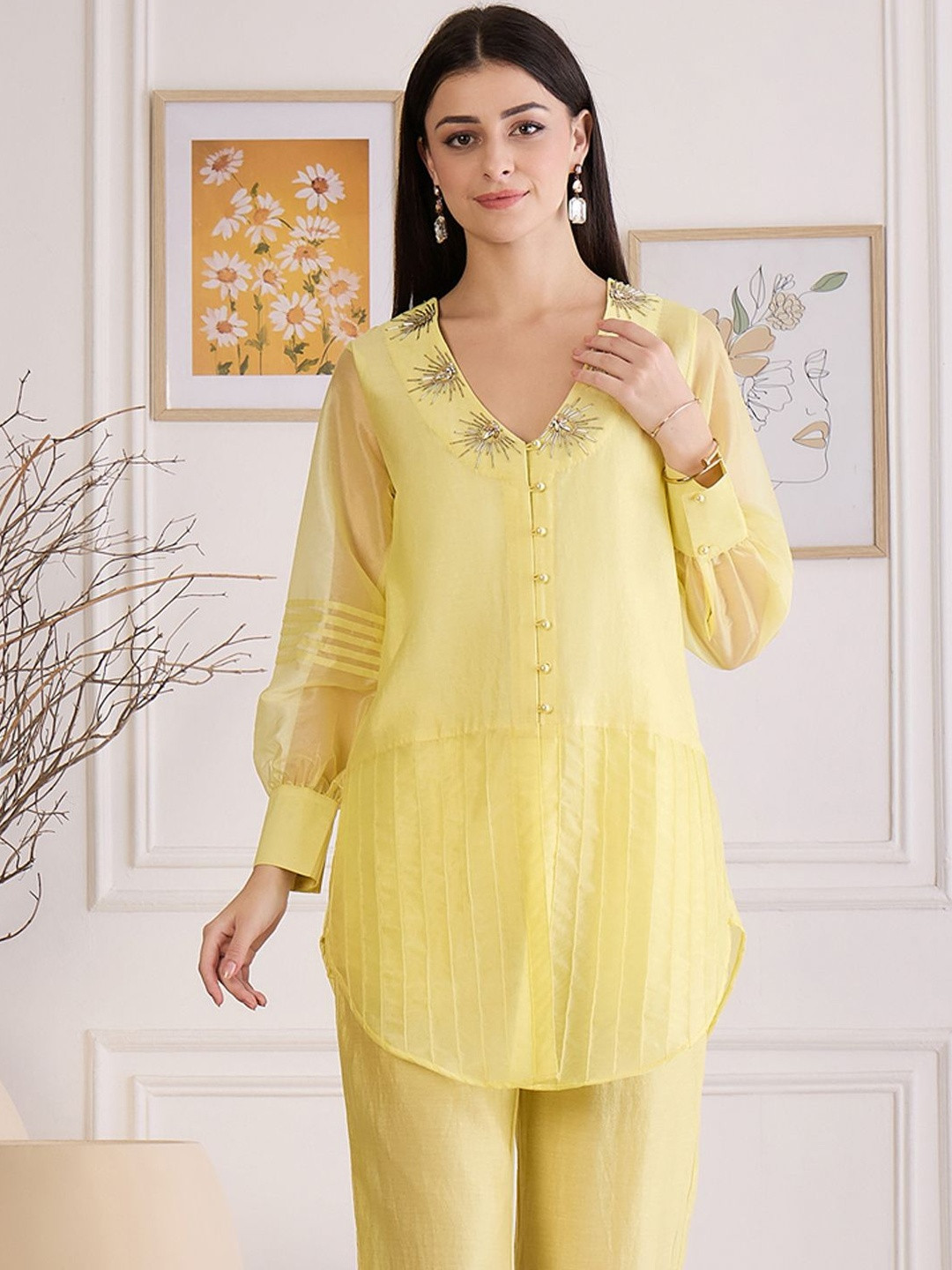 First Resort by Ramola Bachchan Pin Tuck Women Hand Embroidered Cuffed Sleeves Top