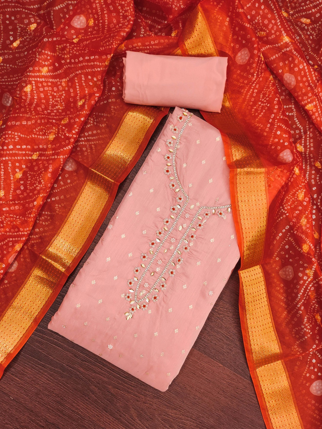 KALINI Women PeachEmbellished   Unstitched Dress Material