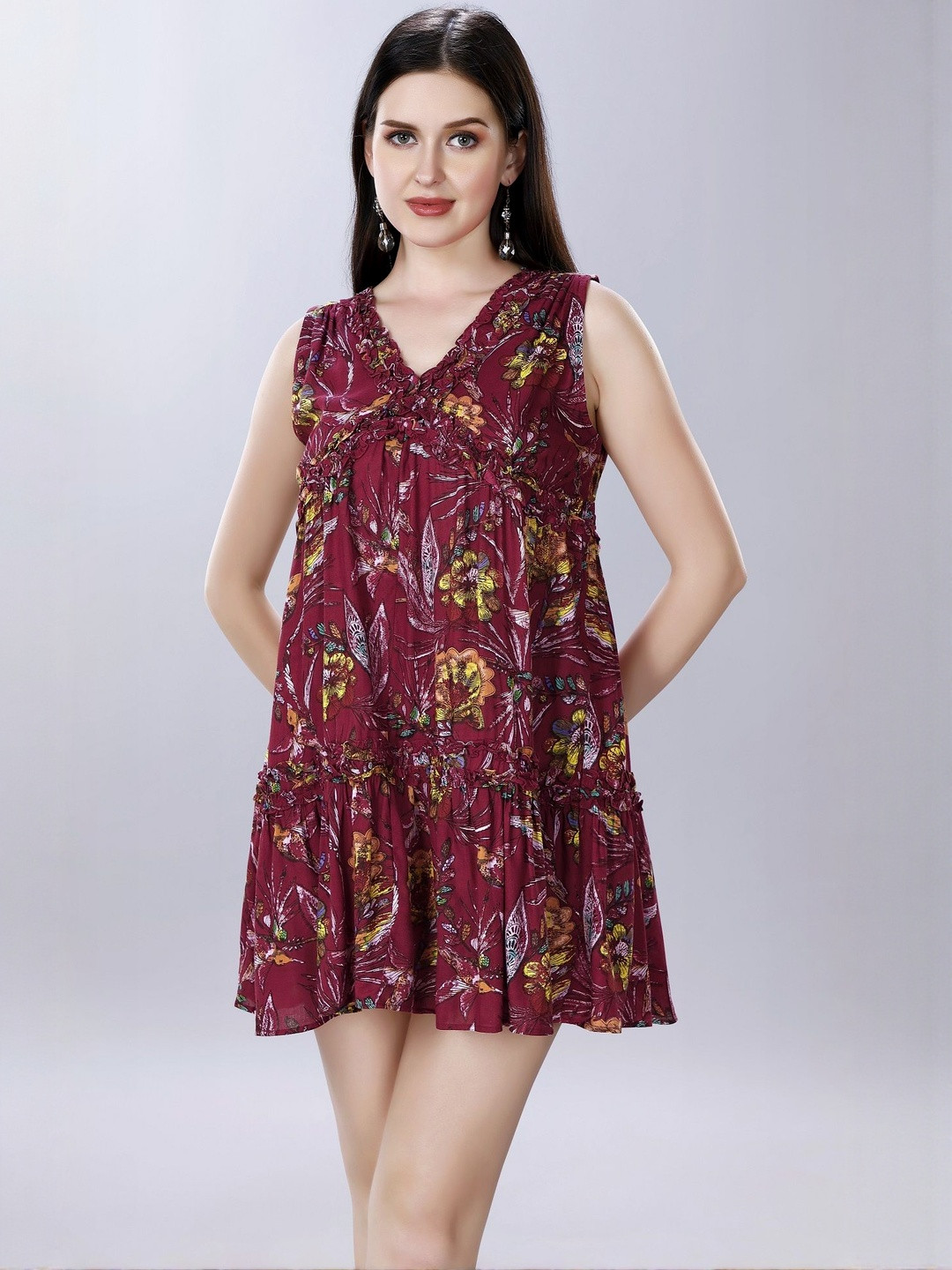 ZESTX Floral Printed Gathered A-Line Mini Dress