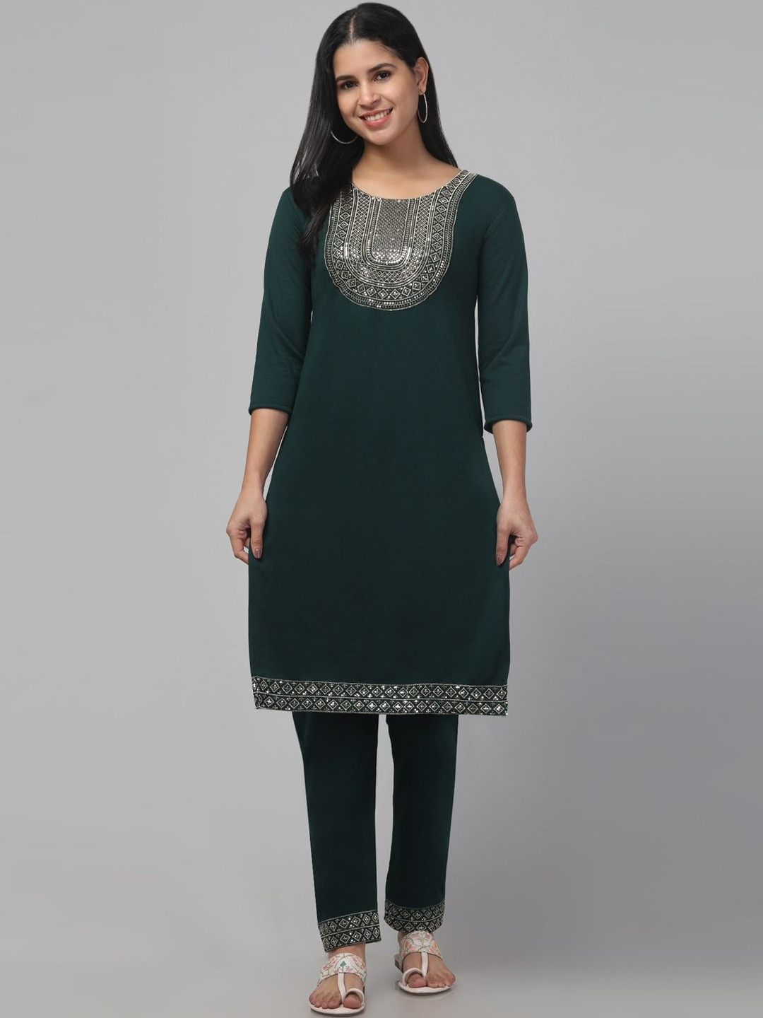 Trend Level Women Green Pure Wool Kurta Set With Trousers
