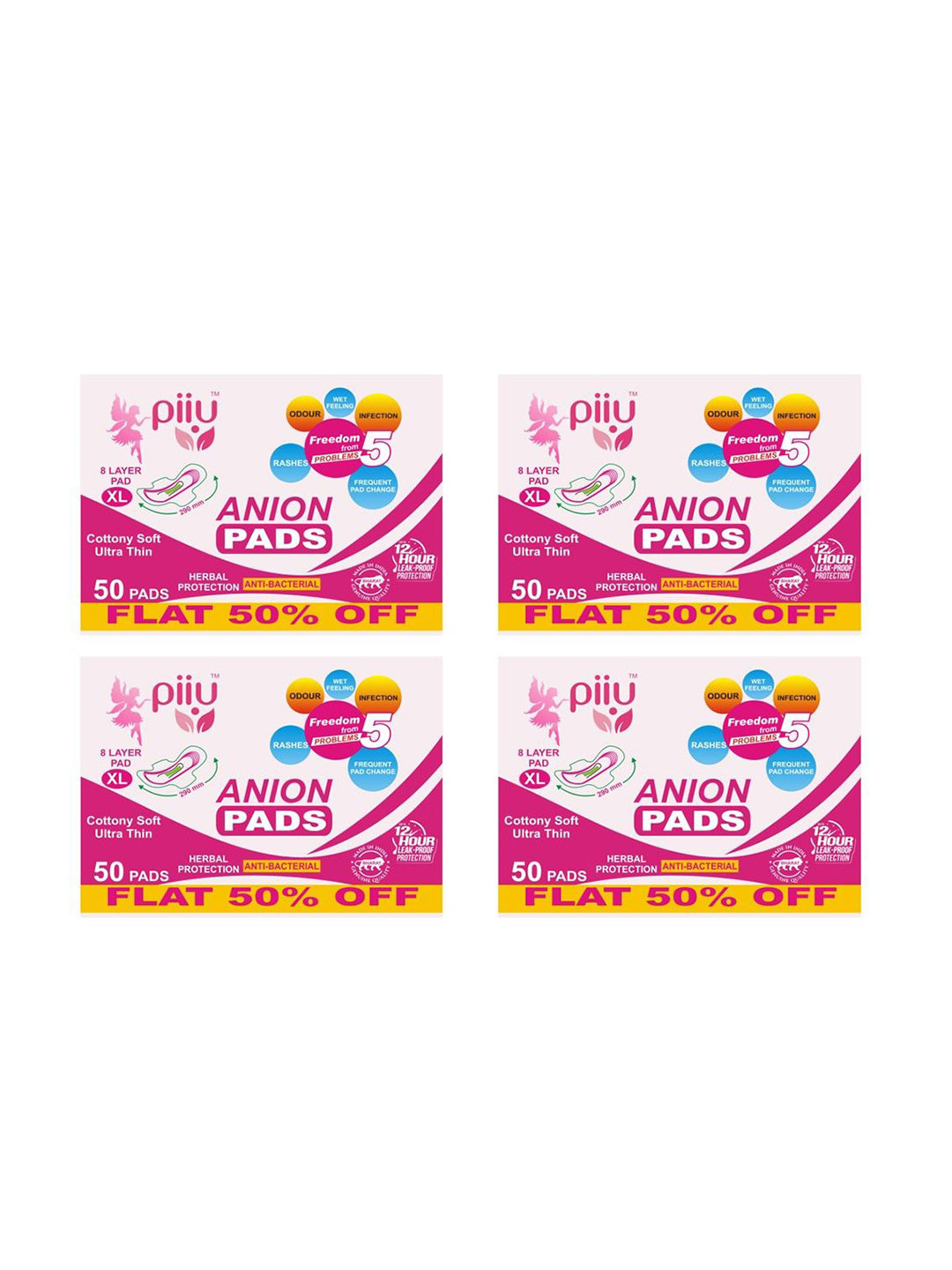 PIIU Set Of 4 Soft Cottony Rash Free Ultra-Thin Anion Sanitary Pads - 50 Pads - 290mm Each
