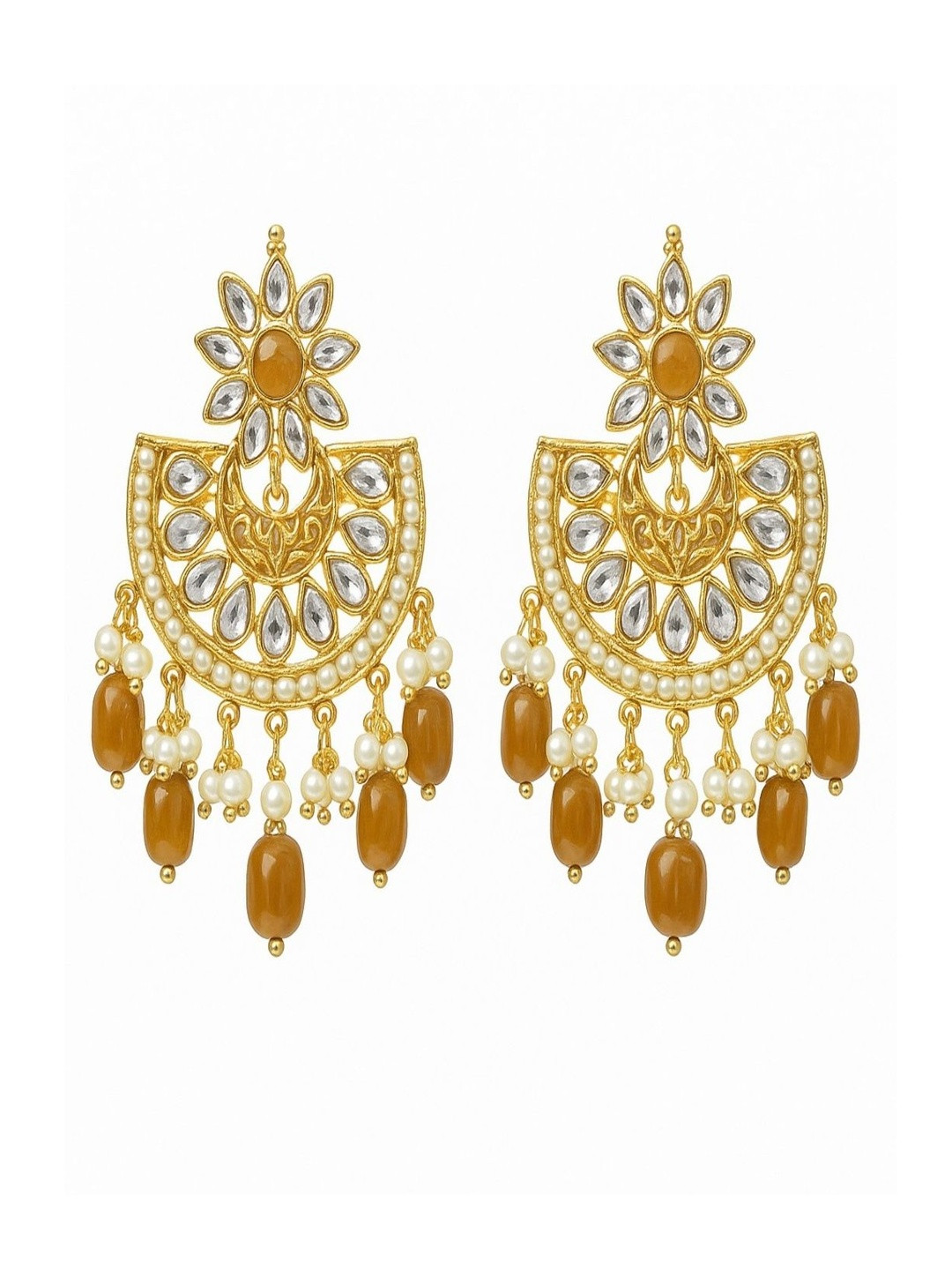 HENA DESIGNS LLP Artificial Stones Studded And Pearls Beaded Floral Shaped Chandbalis