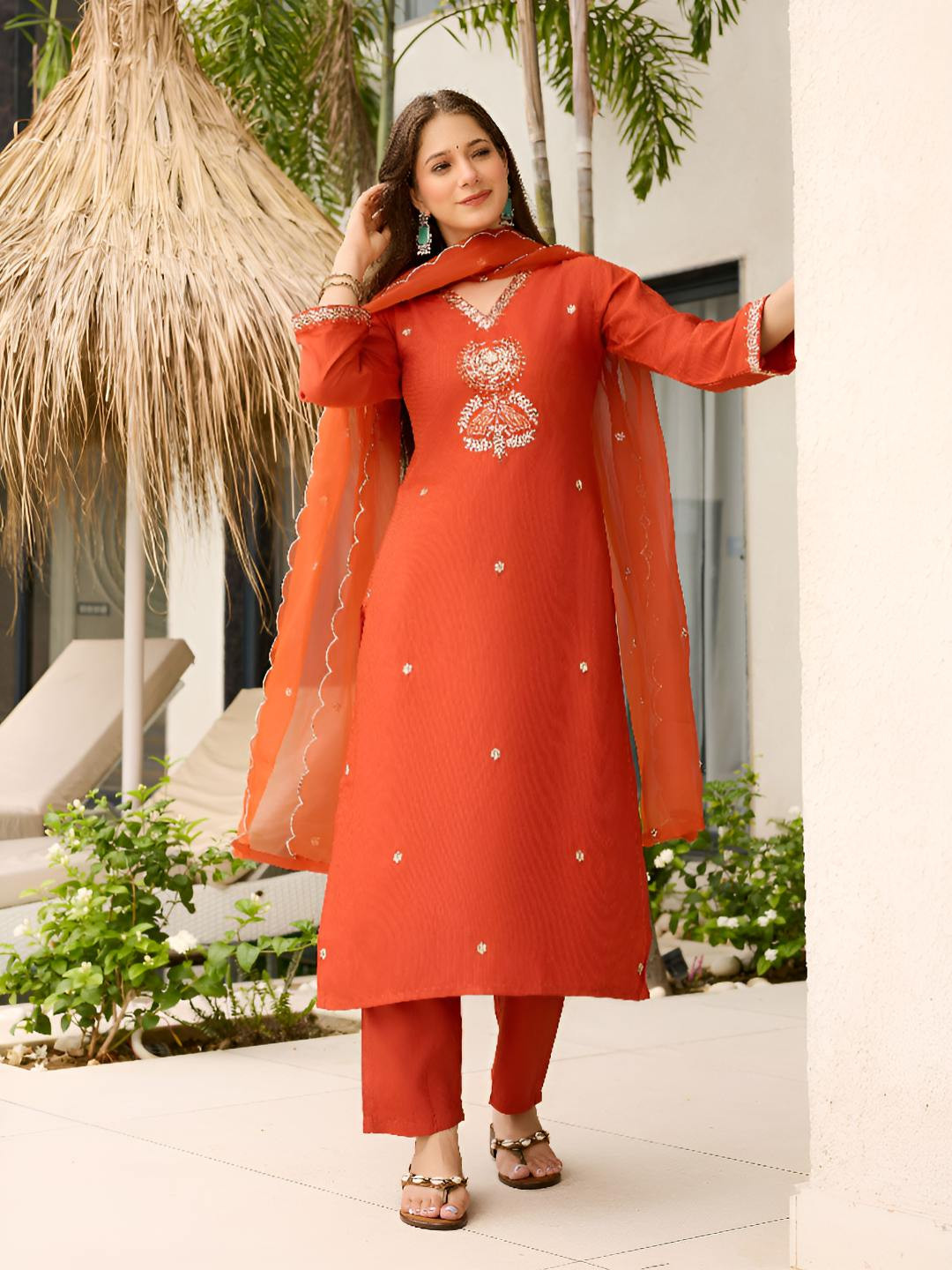 J.KANJI Embroidered V-Neck Thread Work Straight Kurta With Trousers & Dupatta