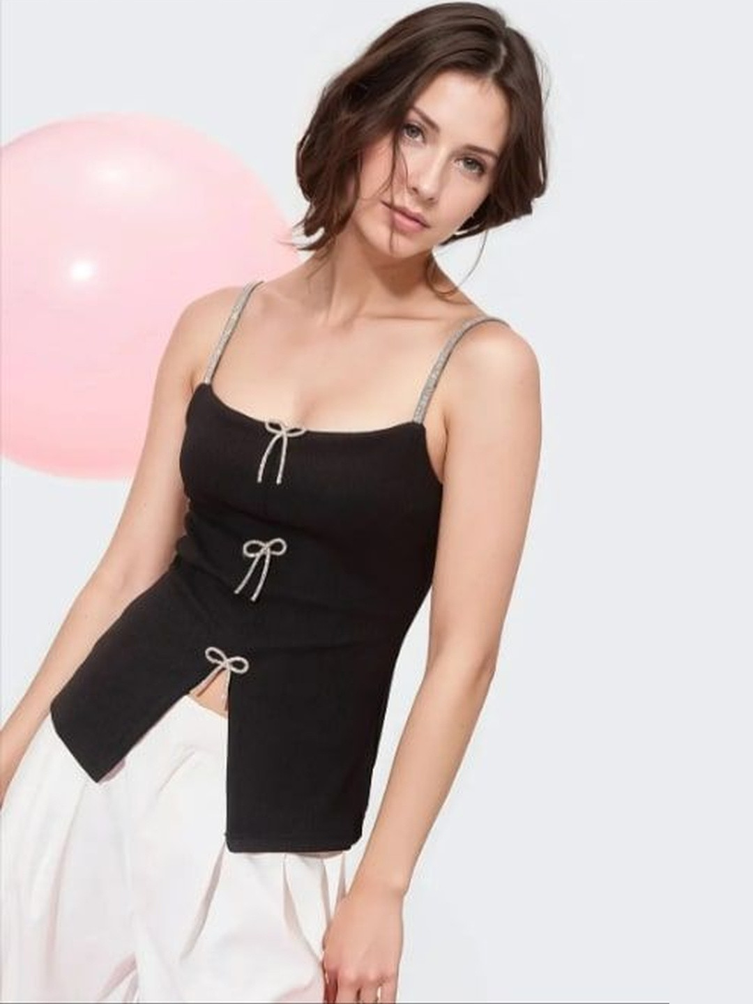 Pookiie Black Scoop Neck Tank Top with Bow Detail