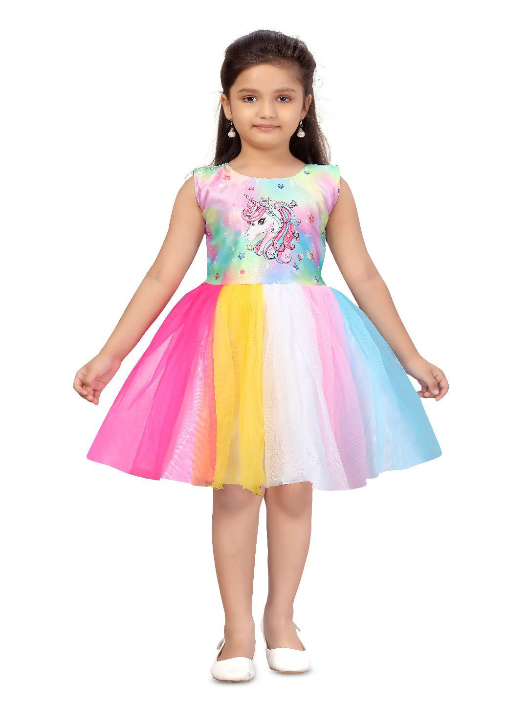 BAESD Girls Unicorn Printed Colourblocked Tulle Net Fit & Flare Dress