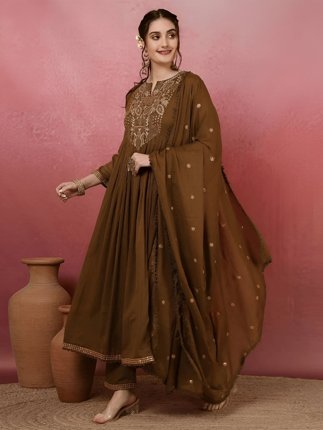 J.KANJI Embroidered Tiered Chanderi Silk Anarkali Kurta With Trousers & Dupatta