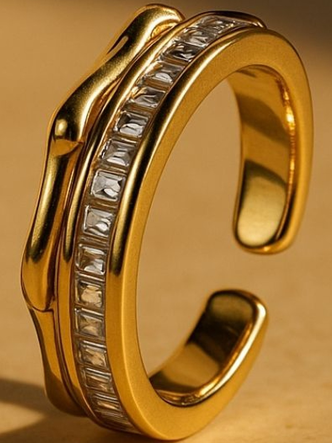 RaasRani Bamboo Studded 18K Gold Plated CZ Adjustable  Ring