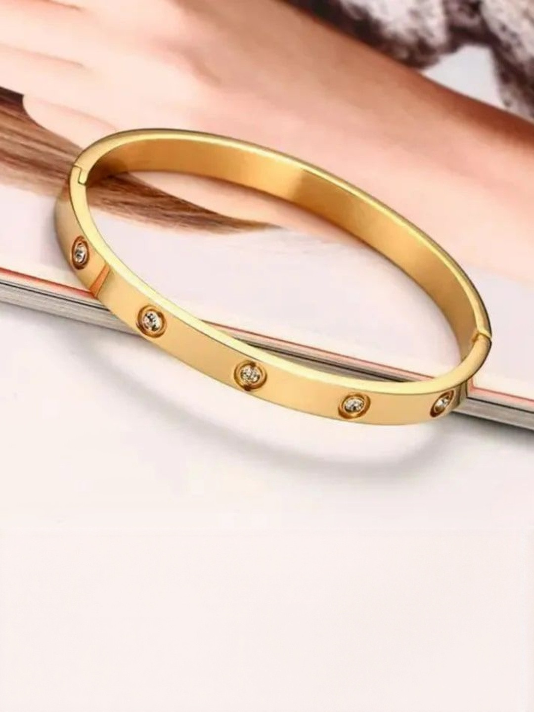 ISAMORA Stainless Steel Gold Plated American Diamond Studded Bangle-Style Bracelet