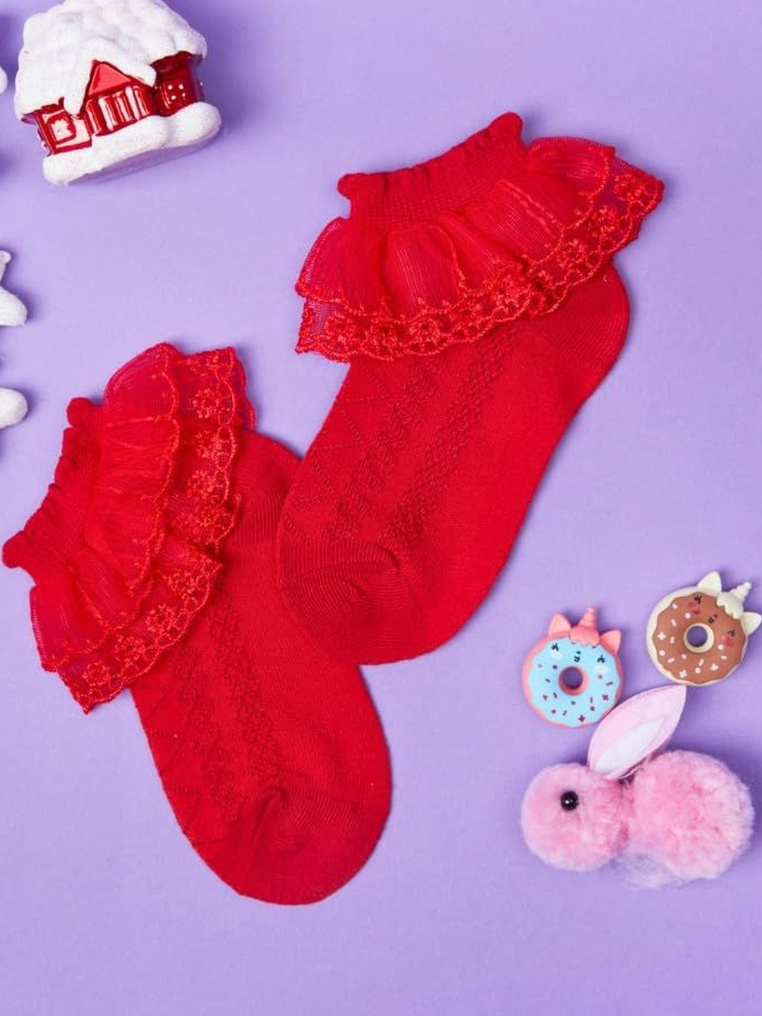 NESKA MODA Girls Set Of 2 Red & Pink Lace Trim Ankle Length Cotton Socks