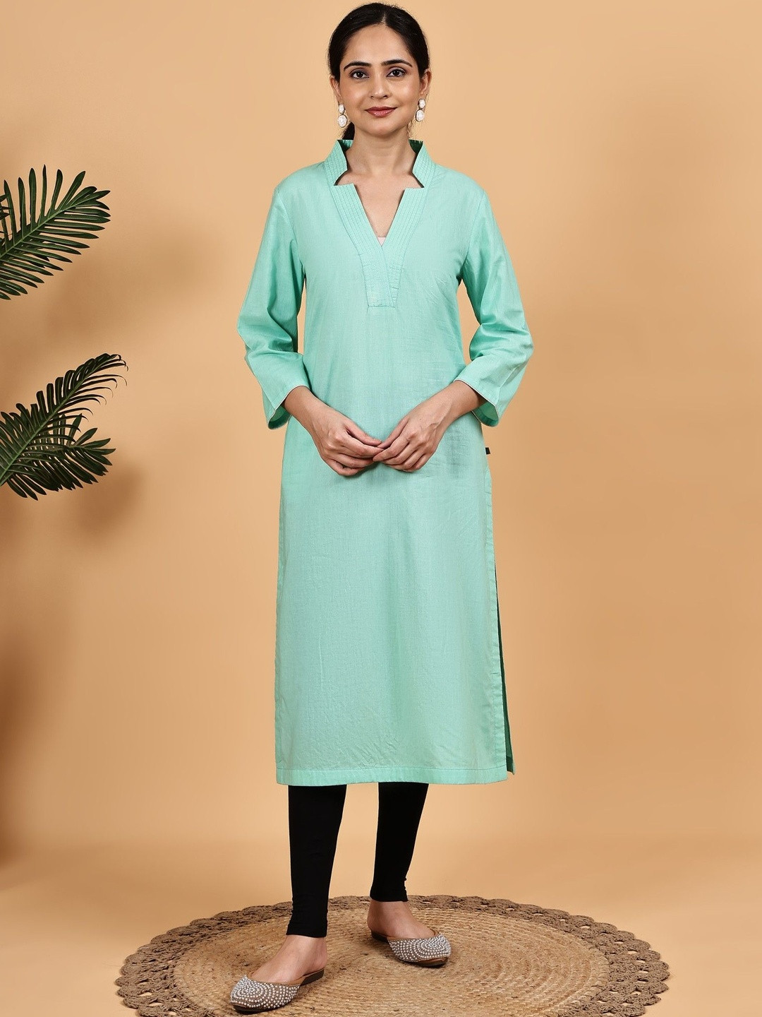 BEBLA Women Light Green Solid  V-Neck Pure Cotton Kurti