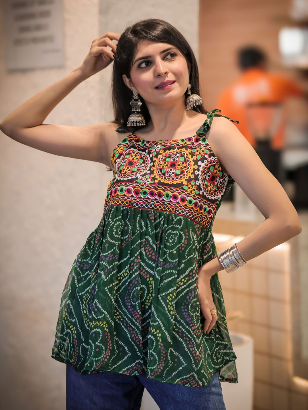 Youthnic Women Ethnic Motifs Embroidered Shoulder Straps Peplum Sleeveless Top