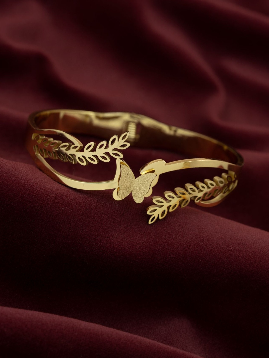 ARTKLIM Stainless Steel Gold-Plated Butterfly Laurel Charm Bangle-Style Bracelet