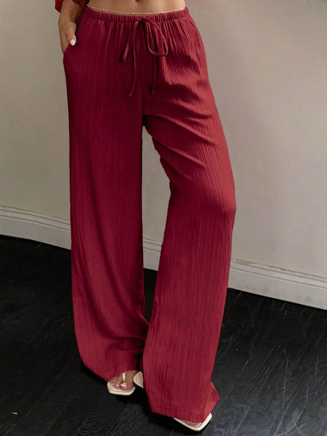 PREMNAD Women Textured Relaxed High-Rise Easy Wash Wide Leg Parallel Trousers