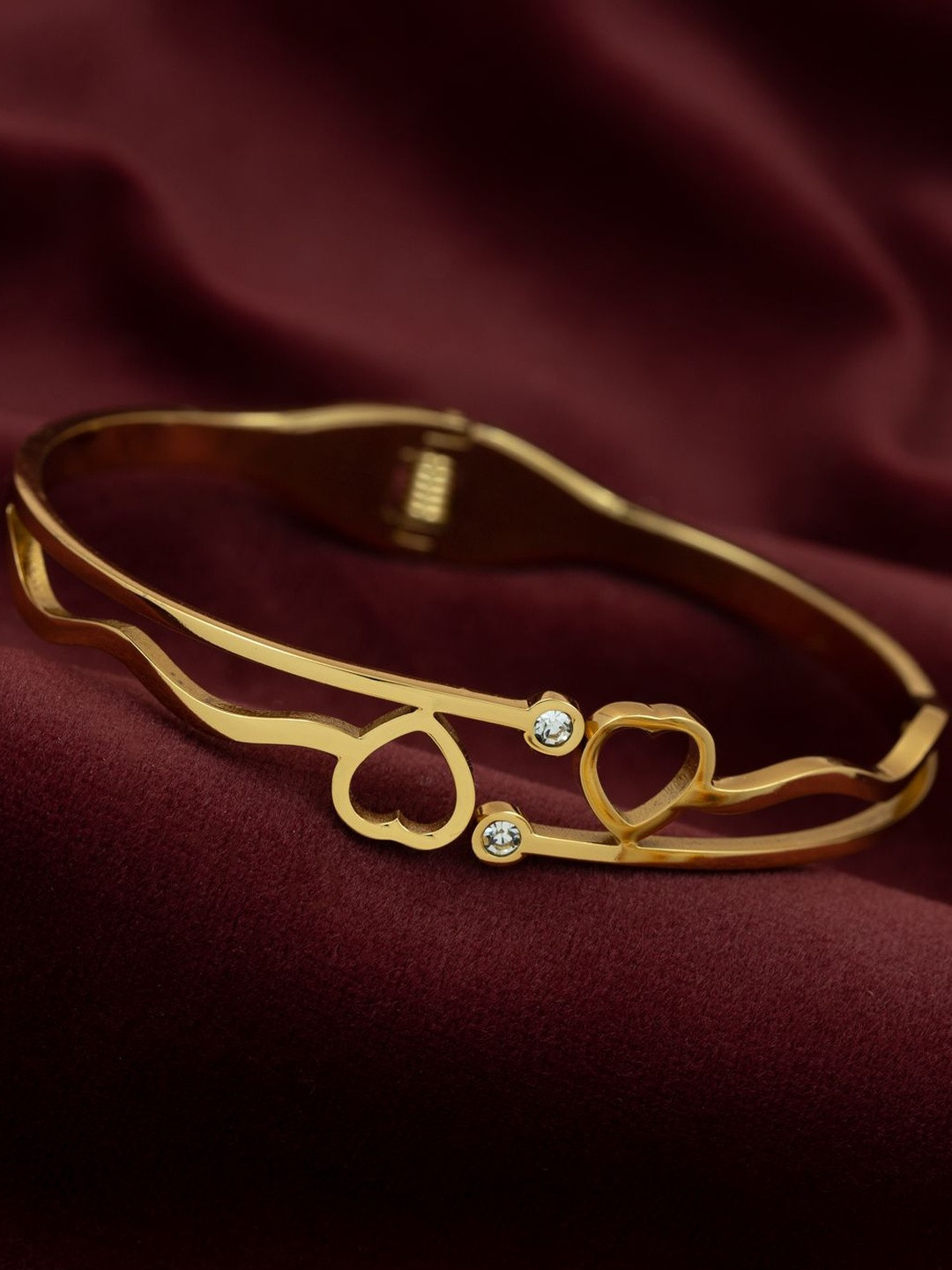 ARTKLIM Stainless Steel Gold-Plated Stones Studded Heartline Bangle-Style Bracelet