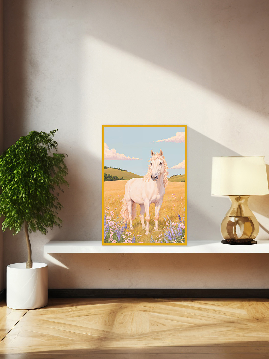 nestroots Whispers of the Meadow Yellow & Blue Horse Printed Canvas Wall Art