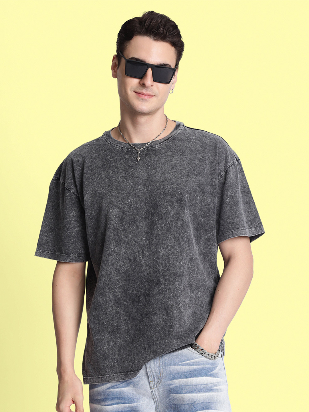 Bene Kleed Men Acid Wash Round Neck Cotton Oversized T-shirt