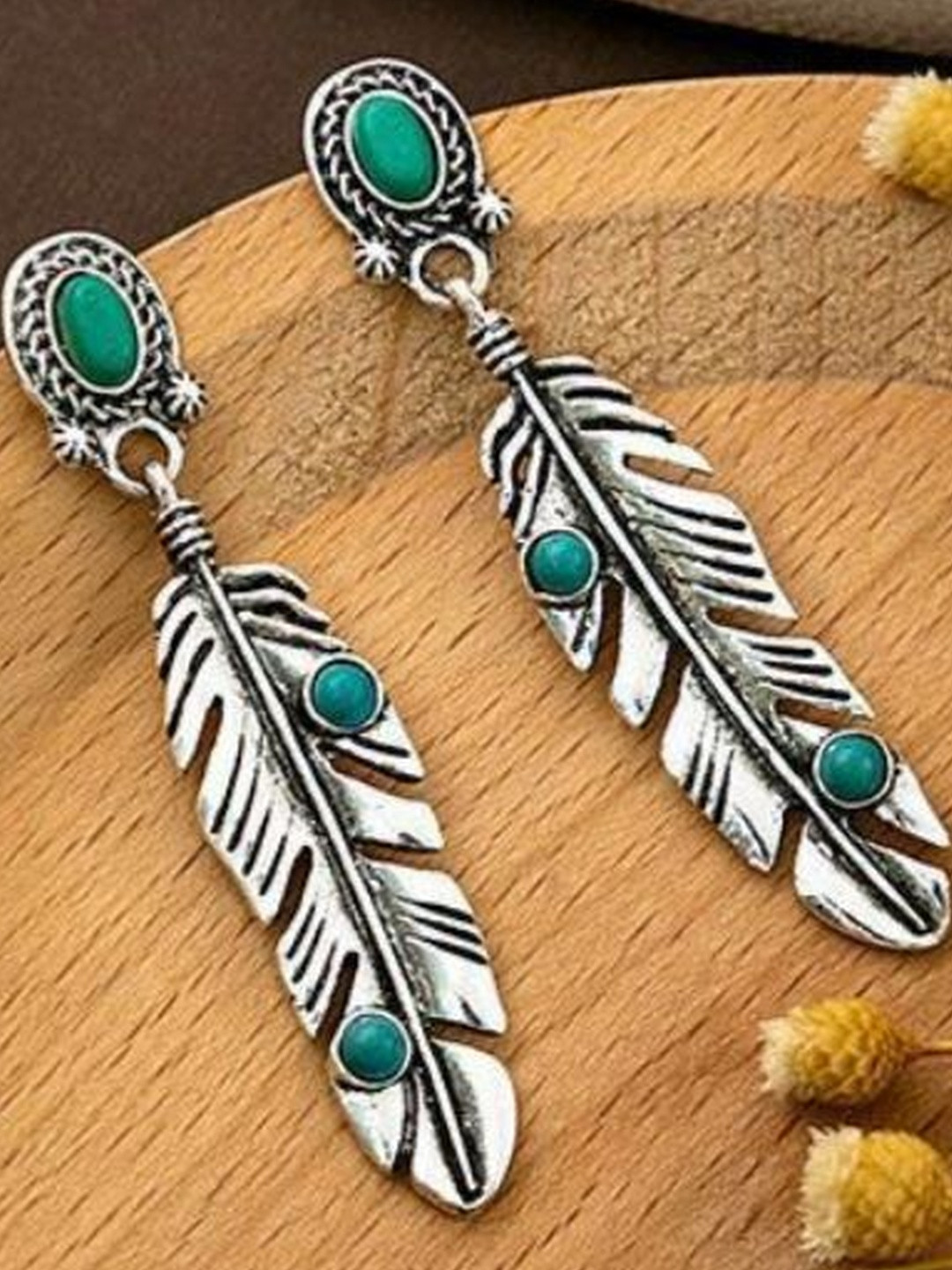 Nui Silver-Plated Artificial Stones Korean Feather Shaped Drop Earrings