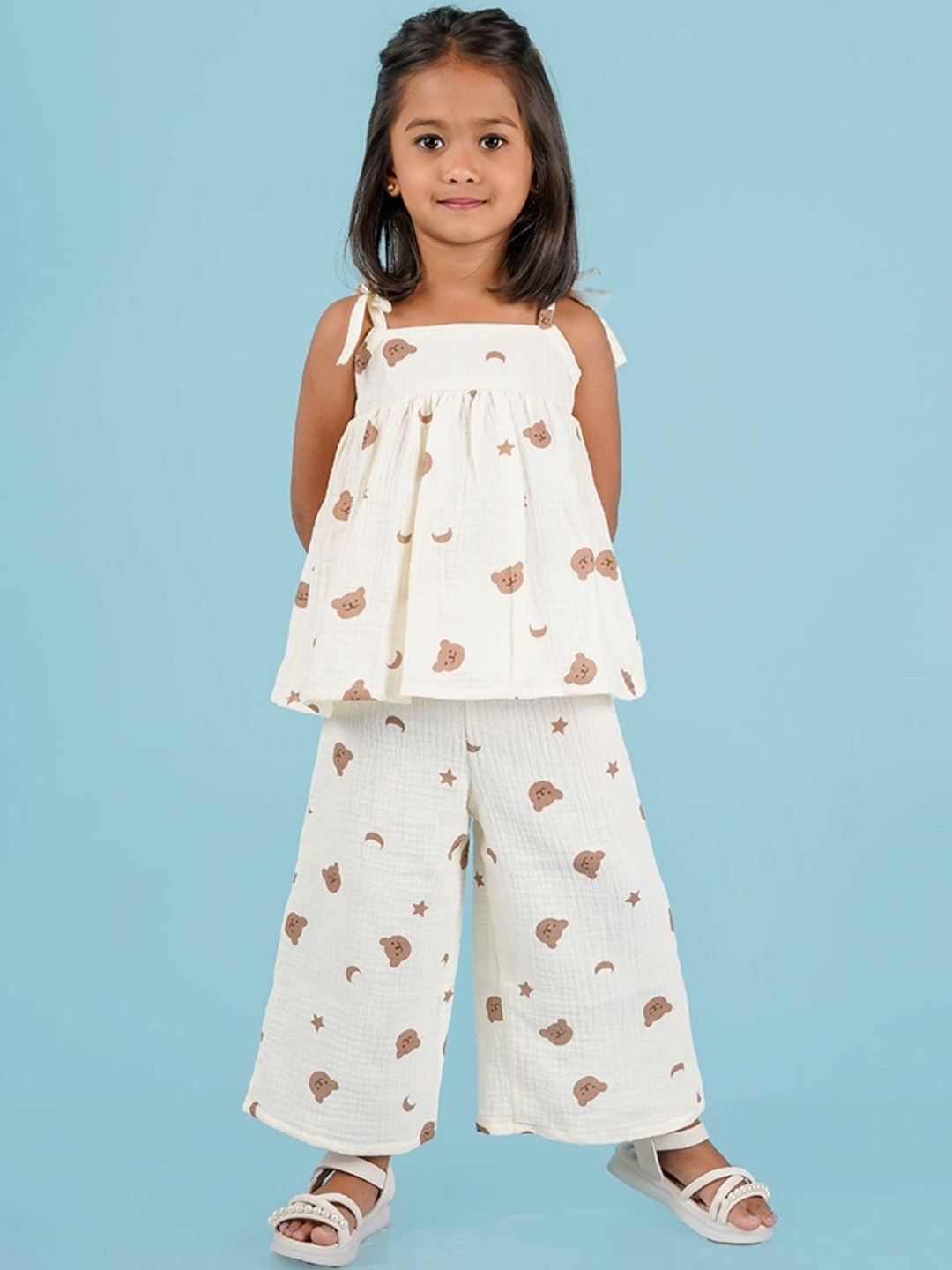 LOYZO-LOYAL TO JOY Girls White Teddy Printed Top With Palazzo