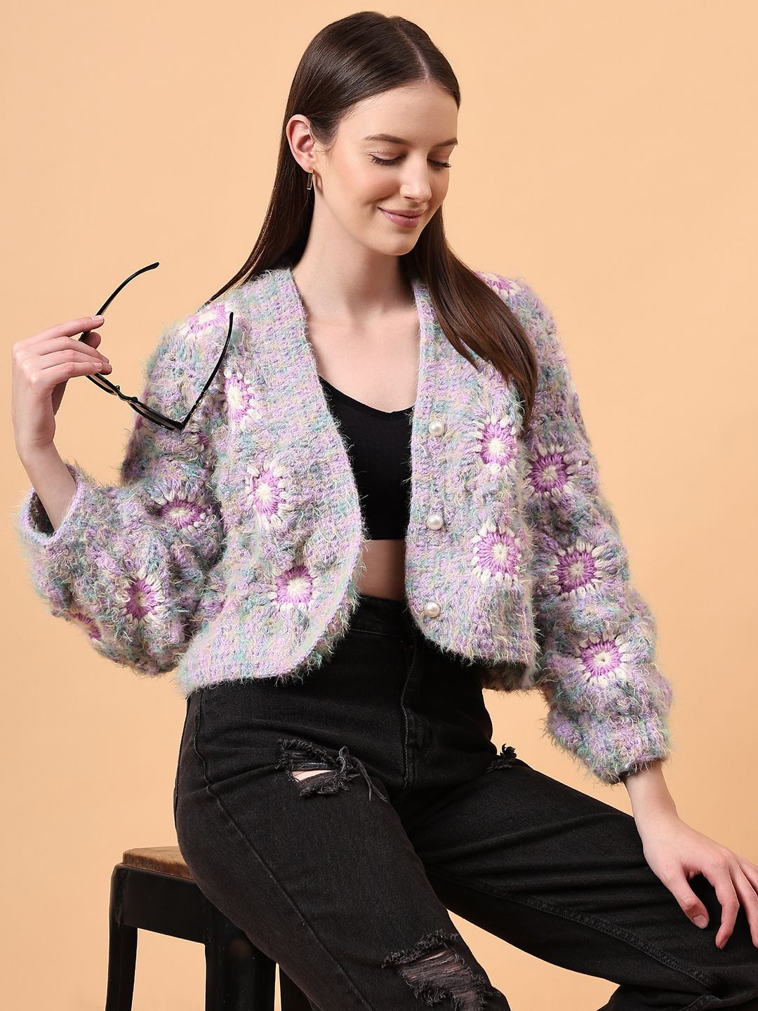 Velvery Women Fur Detailed Crochet Crop Cardigan