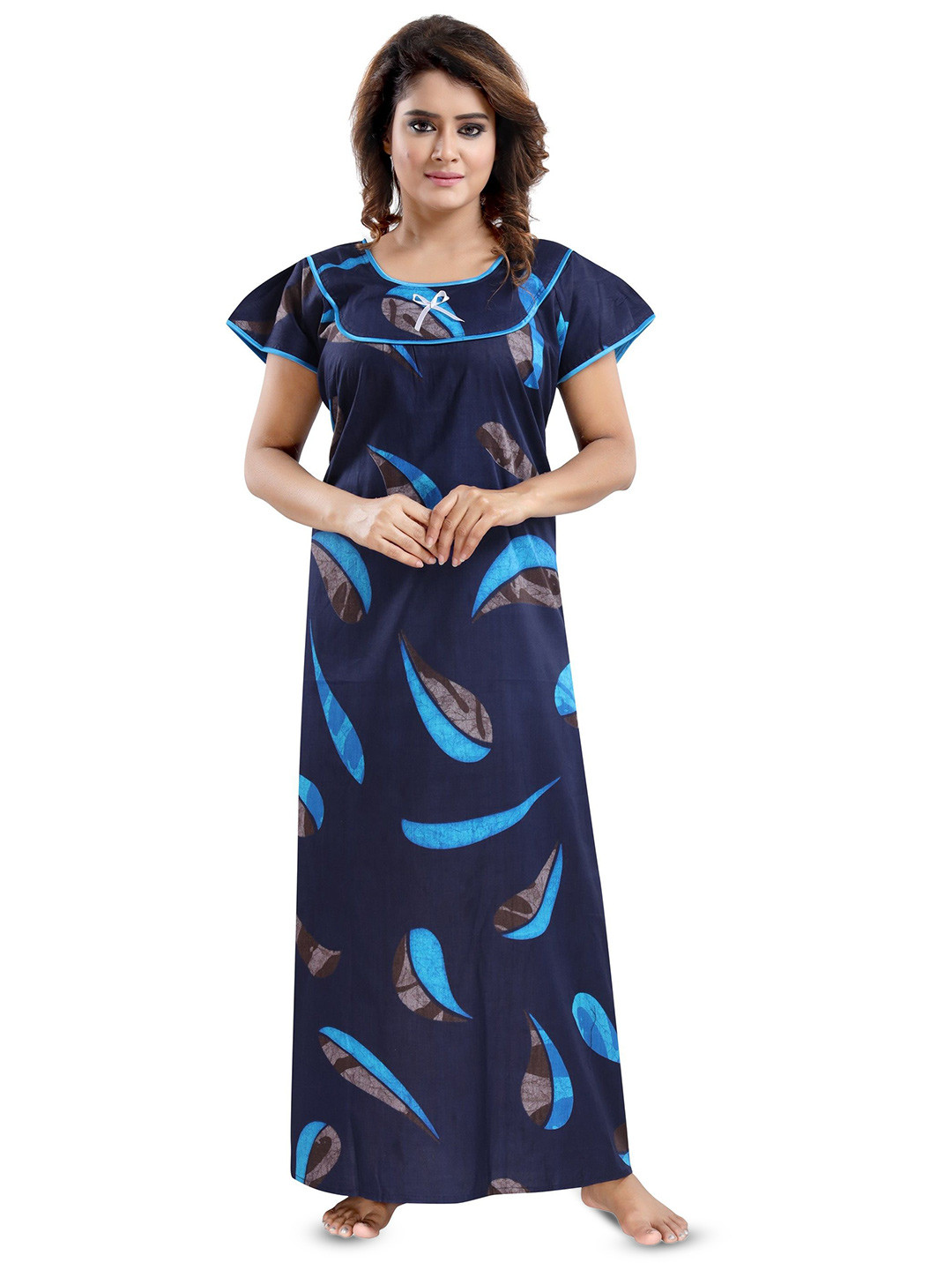 NIGHTY KING Printed Abstract Round Neck Short Sleeve Maxi Nightdress