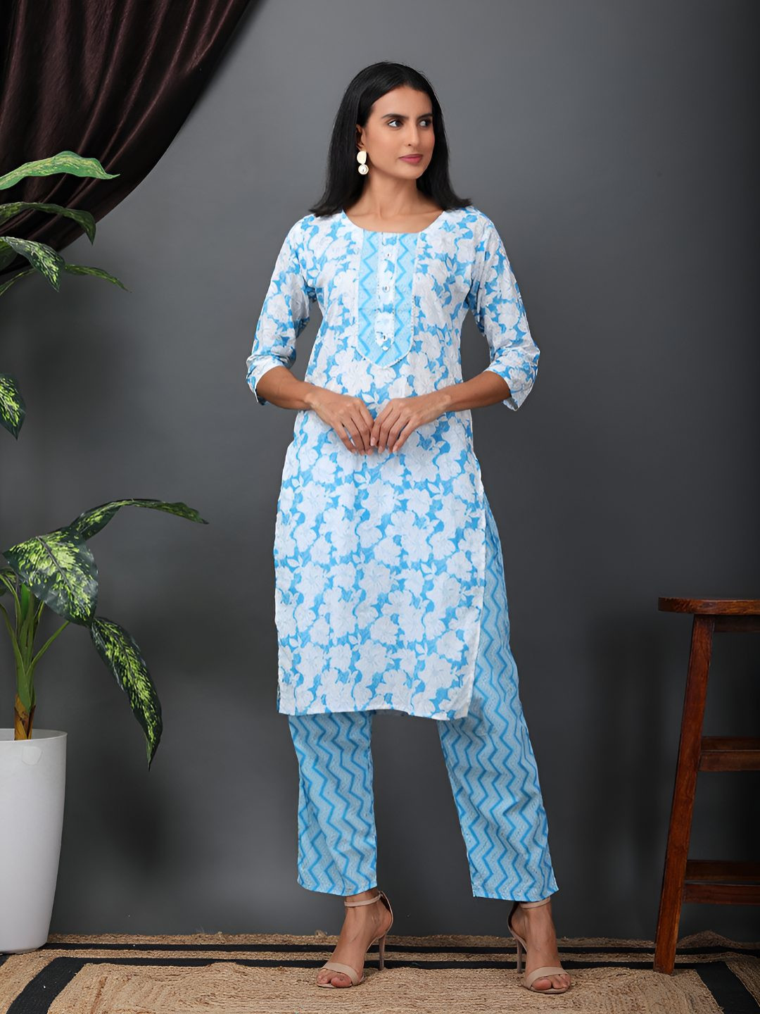 Sold For Style Floral Printed Round Neck Pure Cotton Kurta With Trousers