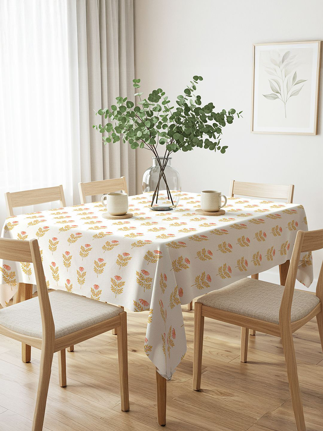 URBAN SPACE White & Peach-Colored Floral Anti-Slip Cotton 4-Seater Table Cover