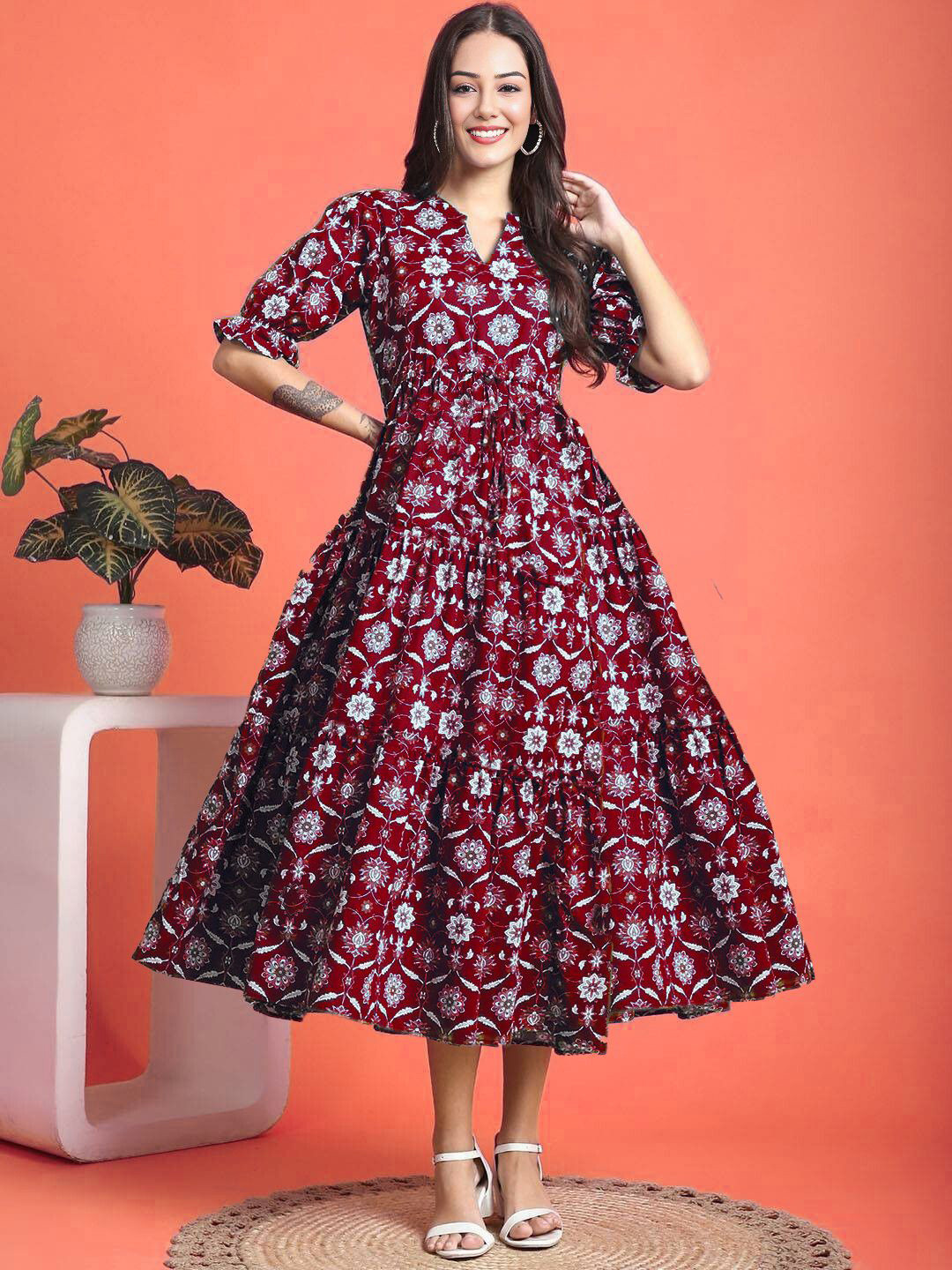 PRESHA Floral Printed Tiered V-Neck Cotton Fit & Flare Maxi Dress