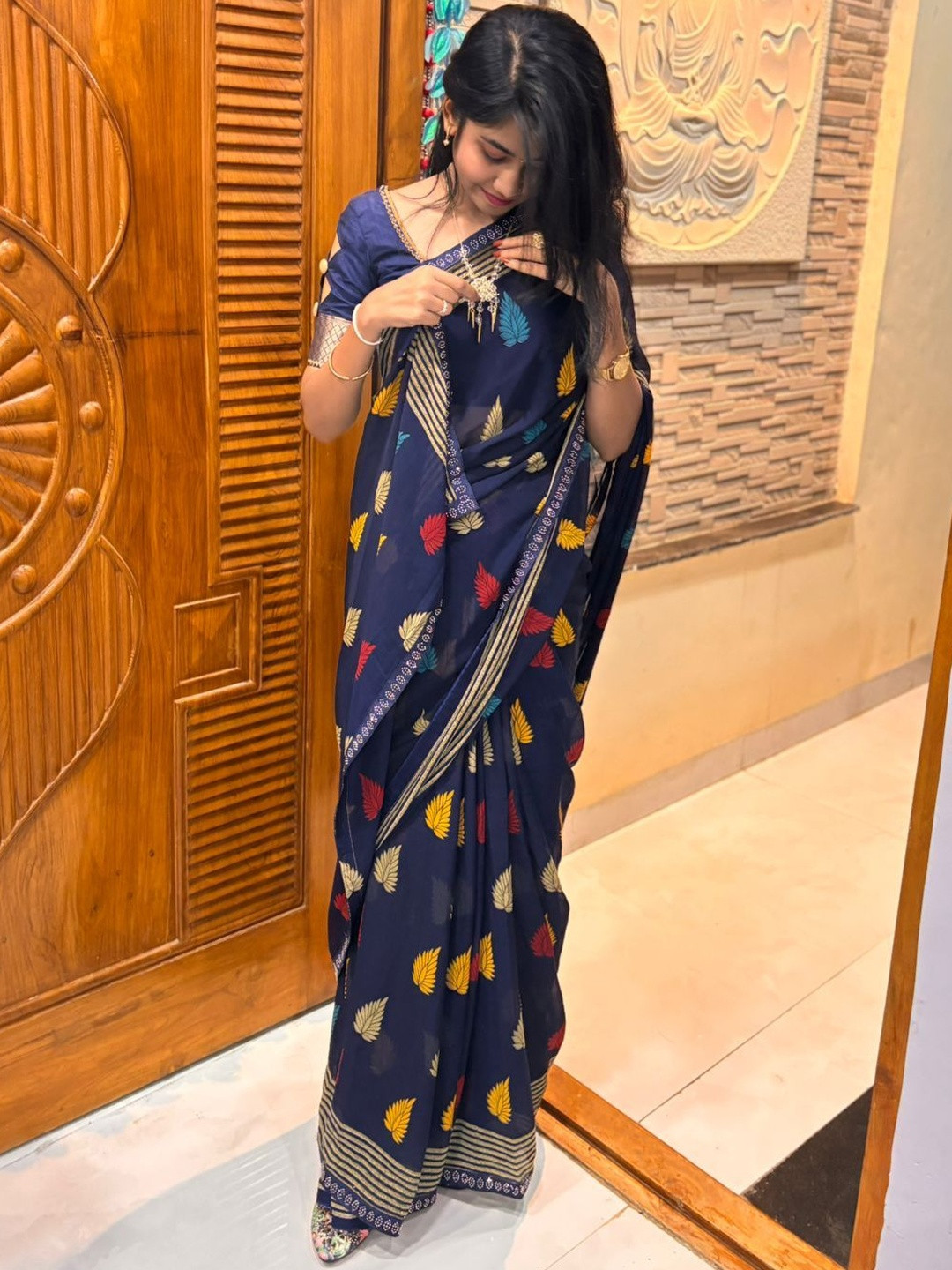 Moda Rapido Women Blue Printed Poly Georgette Designer Lace bordered saree
