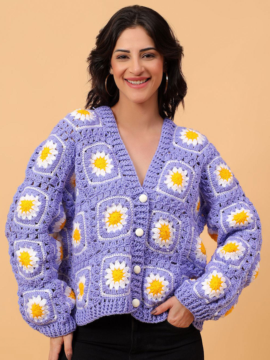 Velvery Daisy Floral Crochet V-Neck Full Sleeve Cardigan