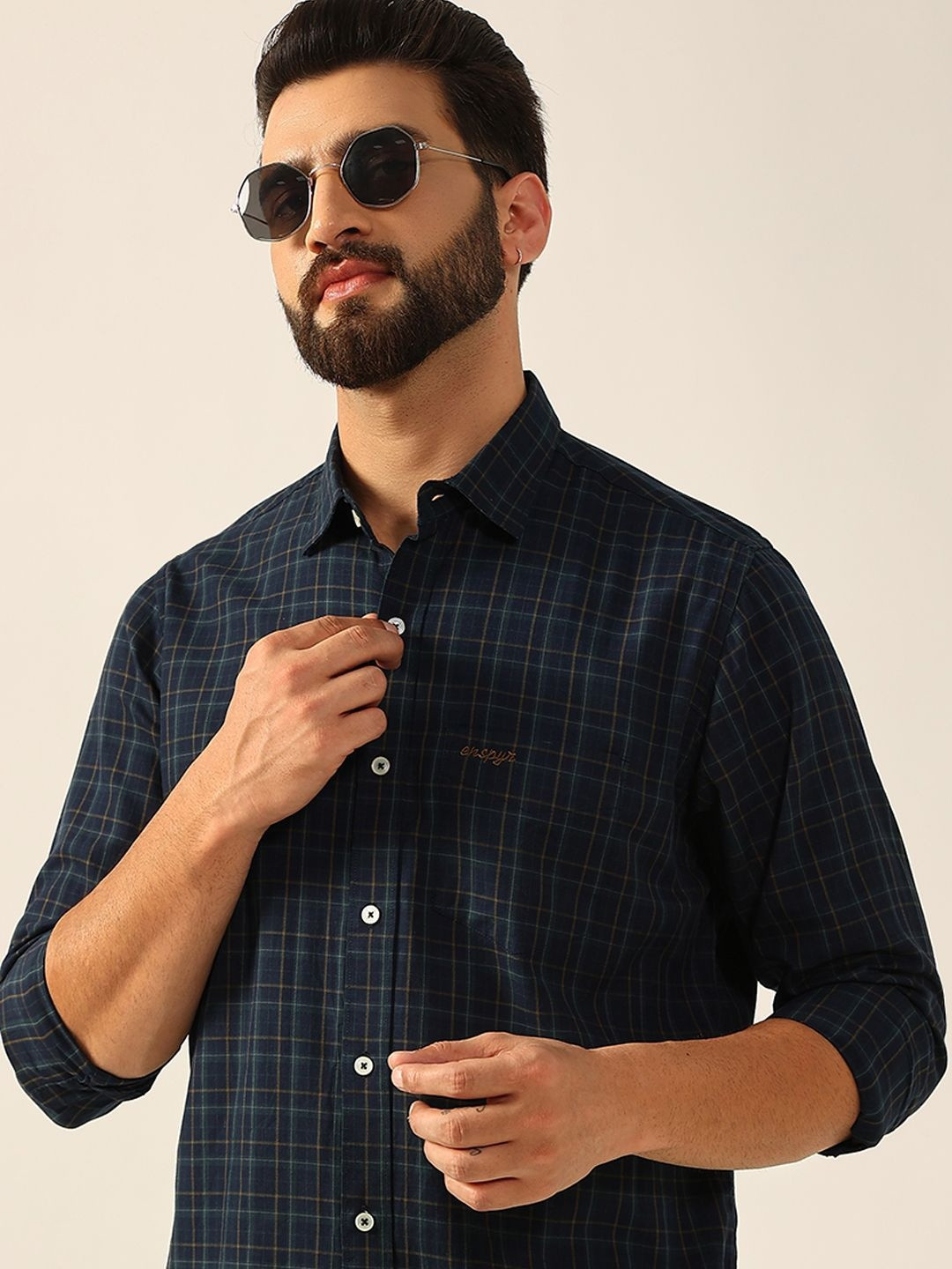 ENSPYR Men Navy Blue Cotton Checked Casual Shirt