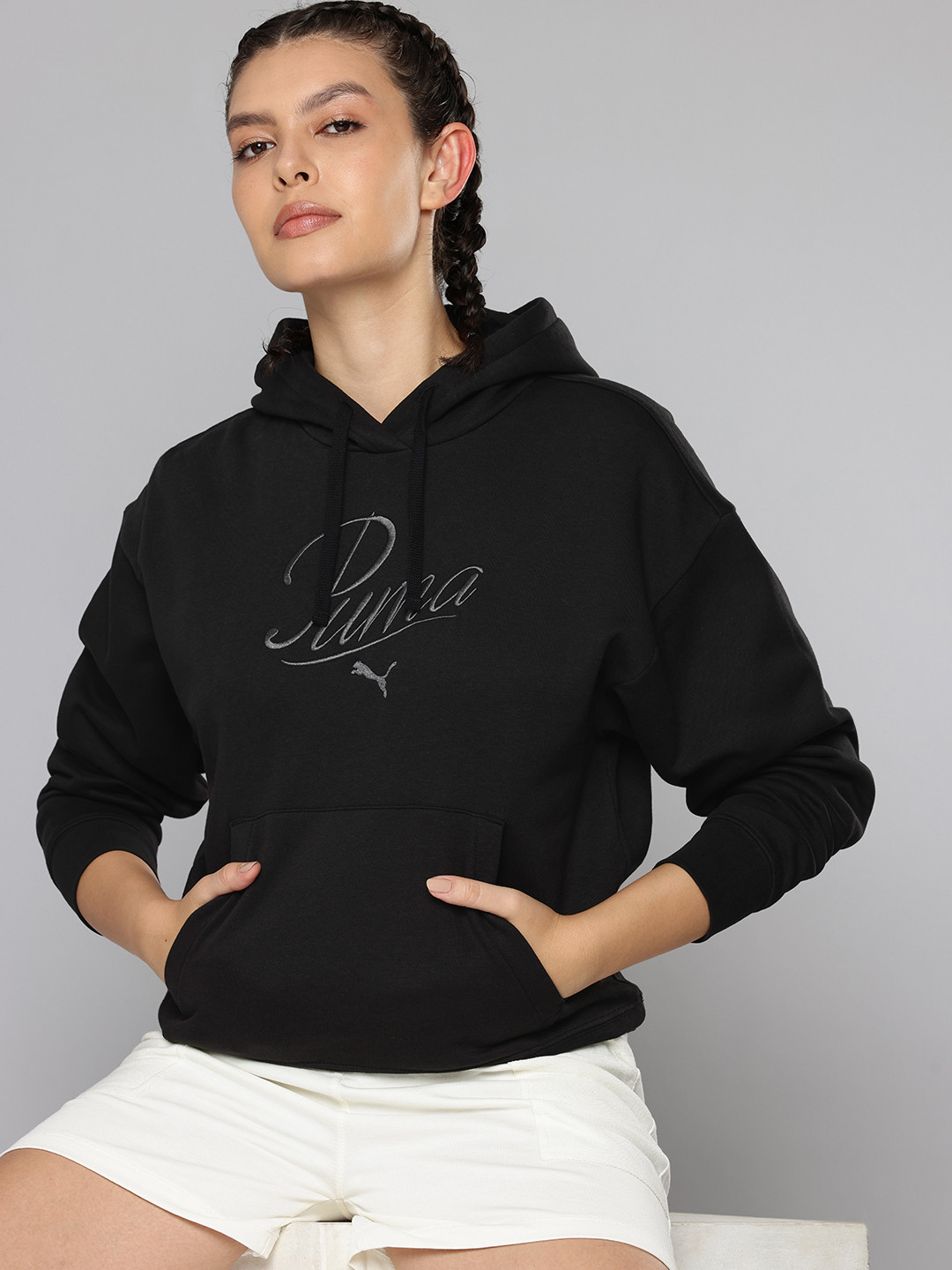 Puma Essentials Script Brand Logo Embroidered Comfort Fit Hooded Sweatshirt