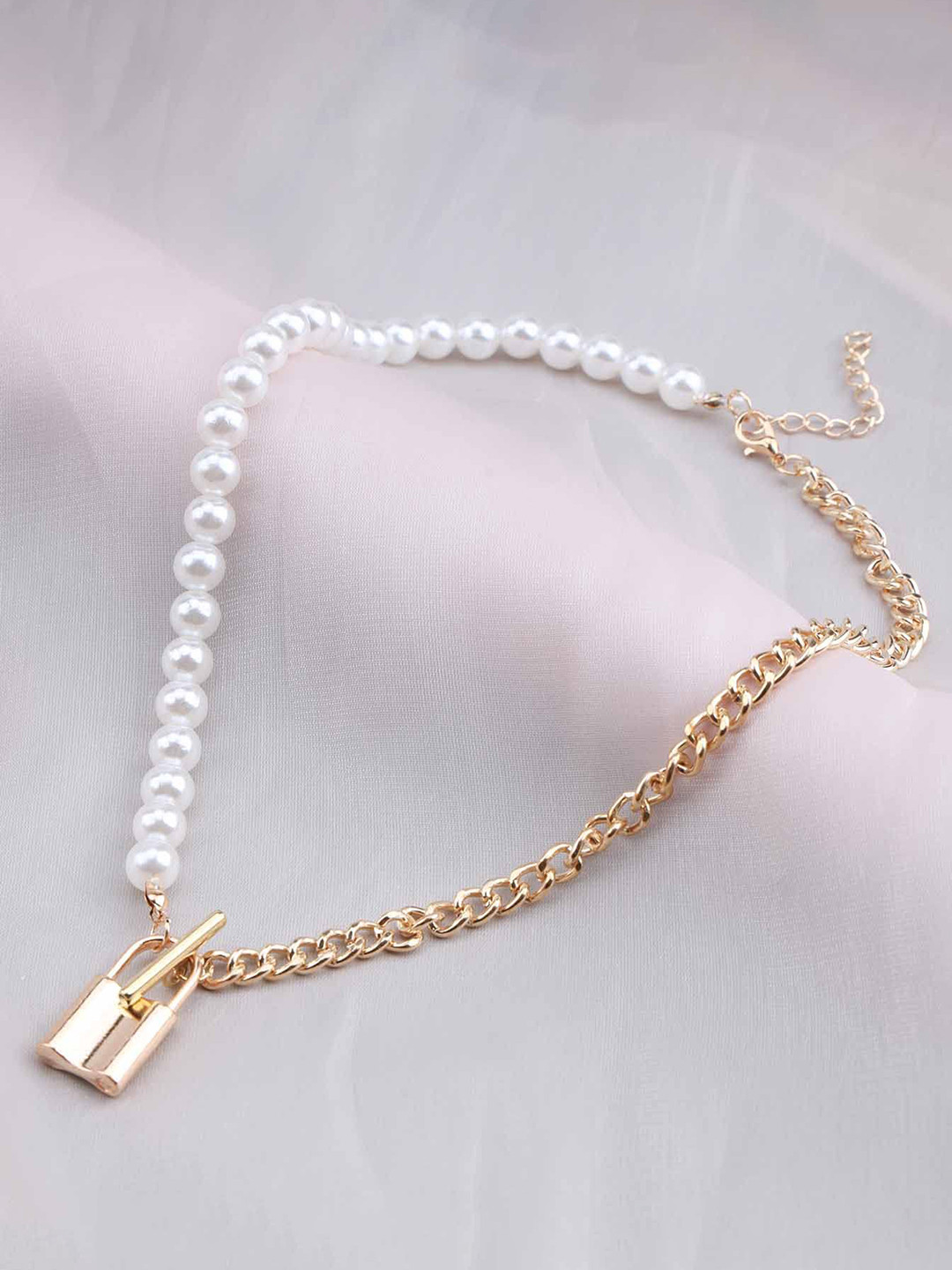 DressBerry Alloy Gold-Plated Single Layered Pearls Chain Lock Pendant Necklace