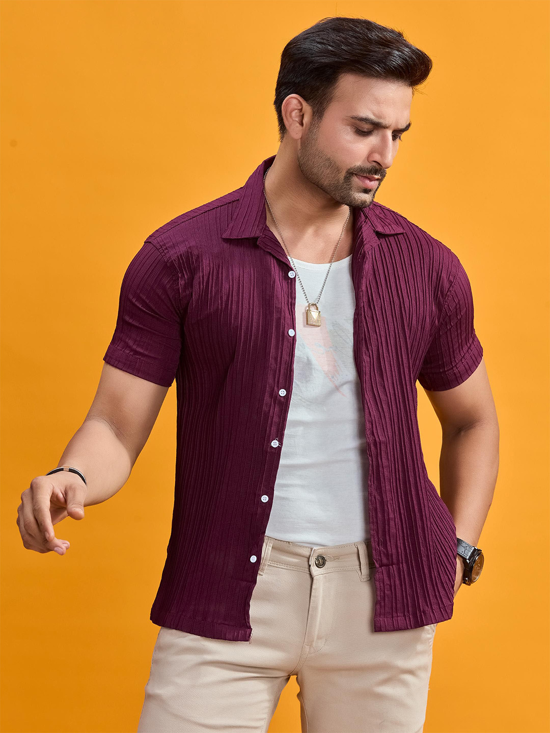 STONEBERG Men Comfort Fit Textured Spread Collar Casual Shirt