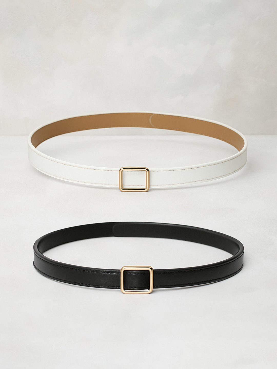 CRUSSET Women Set of 2 Black & White Solid Slim Belts